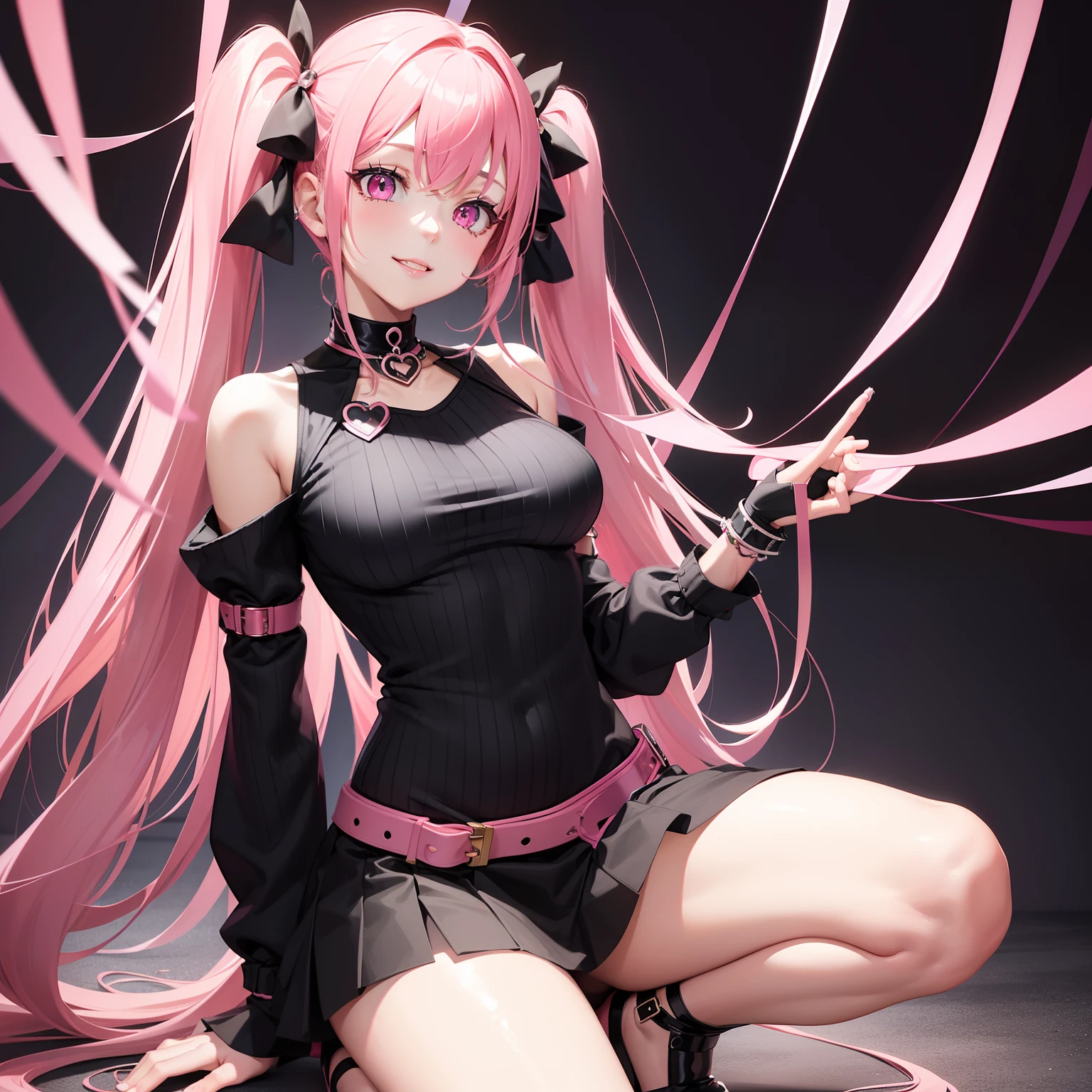 full body Esbian, masutepiece: 1.2, Highest Quality), (Live-action, elaborate details), (1 Lady, Solo, Upper body,) Clothing: Edgy, Black long jumper, pink miniskirt, long hair with pink twin tails,,,、Mini Characters、Avant-garde, Experimental appearance: Long pink twin tail hair 、Heart-shaped choker、The location: bustling city、Solo, Nice smile、Value Creation in Mixed Media Art: individuality, authenticity, Creative expression、Cute mini characters