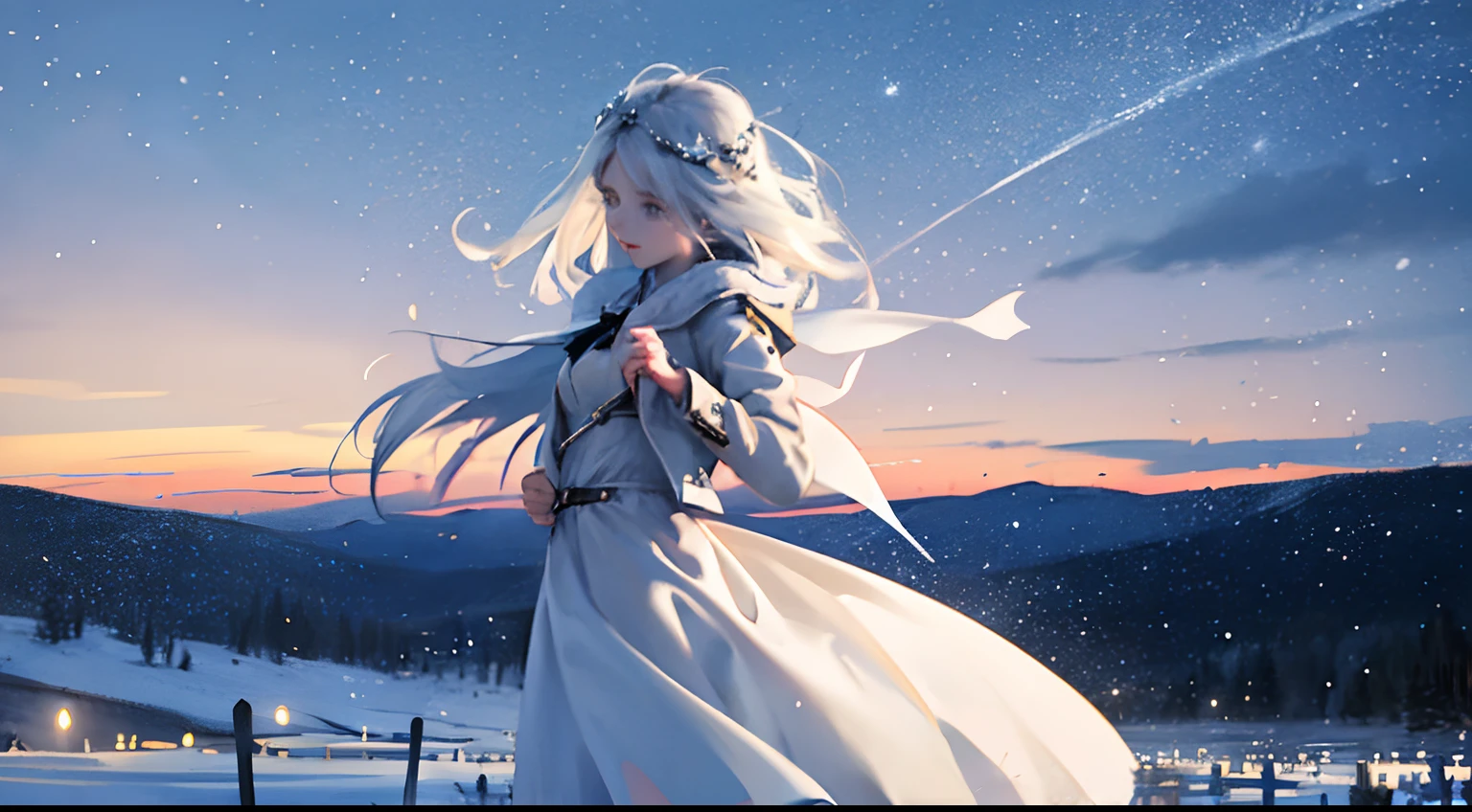 Fillette, snow cemetery, Robe blanche, yeux transparents, longs cheveux blanc, wandering, black leather jacket, perdition, starry night sky