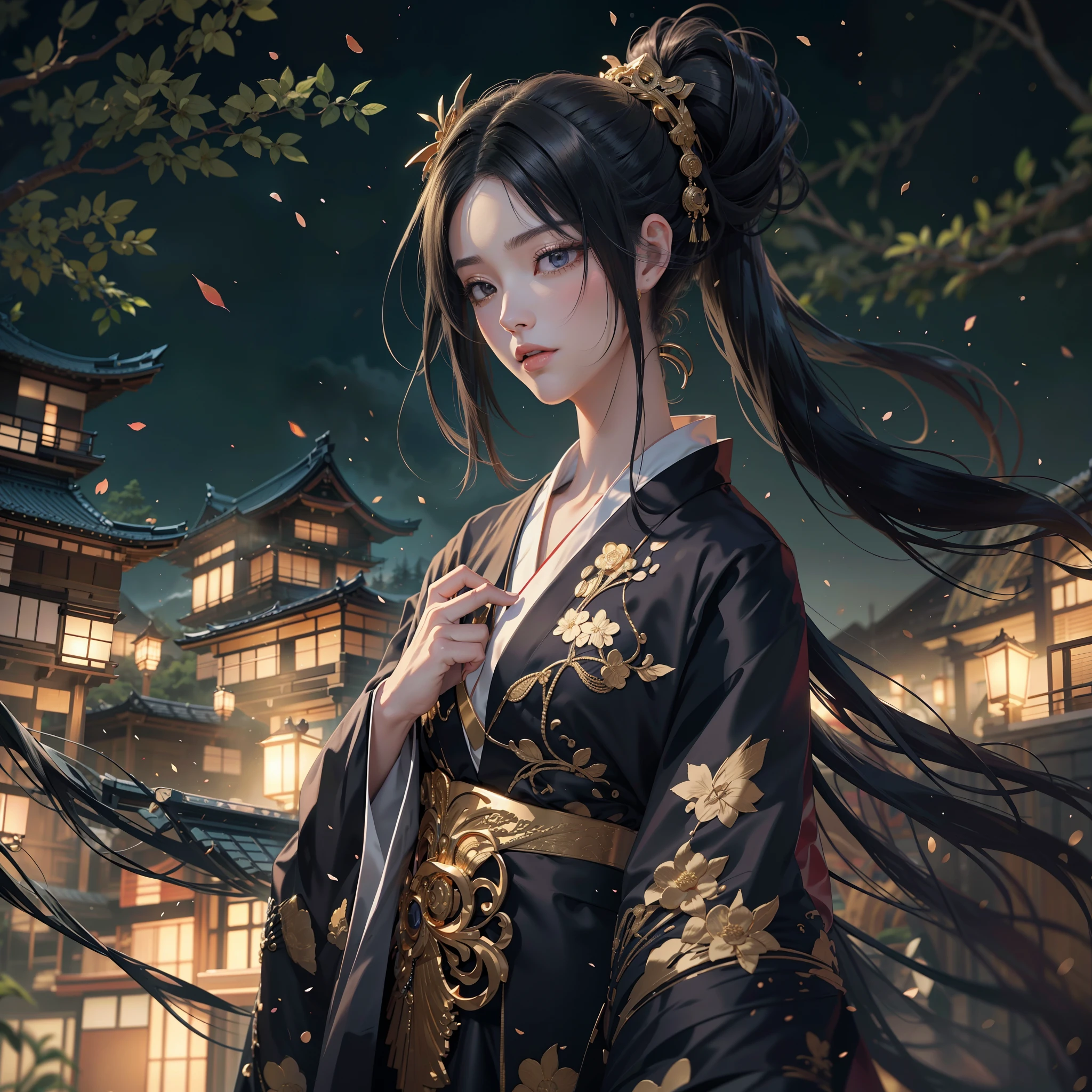watching at viewers、moon in background、poneyTail、Woman with shiny black hair、{{{Luxury kimono(Black kimono(Detailed golden embroidery,))}}}、face perfect,Depict a beautiful and graceful woman of Japan。Heart in the eye。full body Esbian。 Beautiful anime art wallpaper 8k, beautiful fantasy anime, Beautiful anime, Detailed anime artwork.Blur the background with a sickle,((masutepiece)), ((Best Quality))