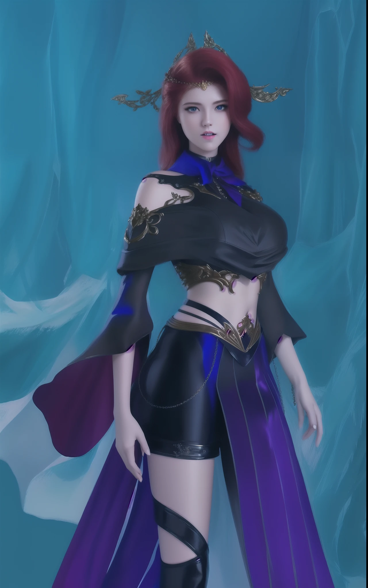 (hyperrealistic), (illustration), (high resolution), (8K), (extremely detailed), (best illustration), (beautiful detailed eyes), (best quality), (ultra-detailed), (masterpiece), (wallpaper), (photorealistic), (natural light), (rim lighting), (detailed face), (high detailed realistic skin texture), (anatomically correct), (solo), (1 girl), (high detailed realistic hair), (red hair:1.3), (heterochromic eyes), (detailed eyes), (red bright eyes:1.2), (sparkling eyes), (realistic big breasts:1.5), (exposed breasts:1.35), (long legs), (slender abs), (dynamic pose), (closed tiny mouth:1.3), nsfw,
