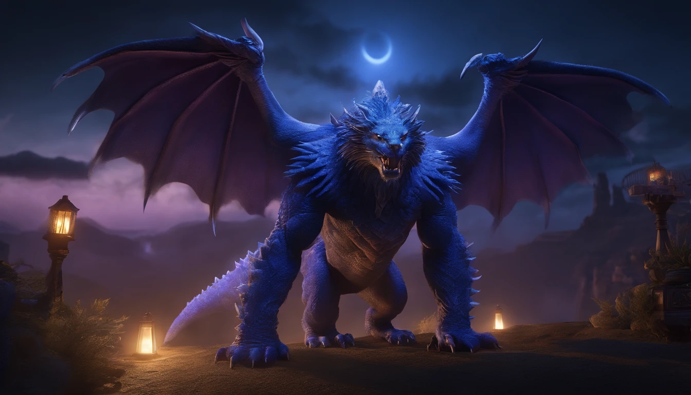 Fantasy world monsters,Emits blue-violet light,Glow effects,the night,中景 the scene is,Full body like, highly detailed surreal vfx,oc rendered,Shoot with 70 mm - AR