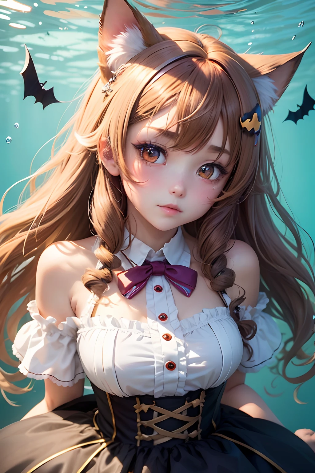 colored inner hair, light brown hair, gradient hair, ahoge, two side up, bow-shaped hair, bow-shaped hair, jewelry, bat hair ornament, multiple hair bows, multicolored eyes, empty eyes, heart-shaped eyes, cat ears, blush, high detail, blurry, ray tracing, Fujicolor, partially underwater shot, UHD