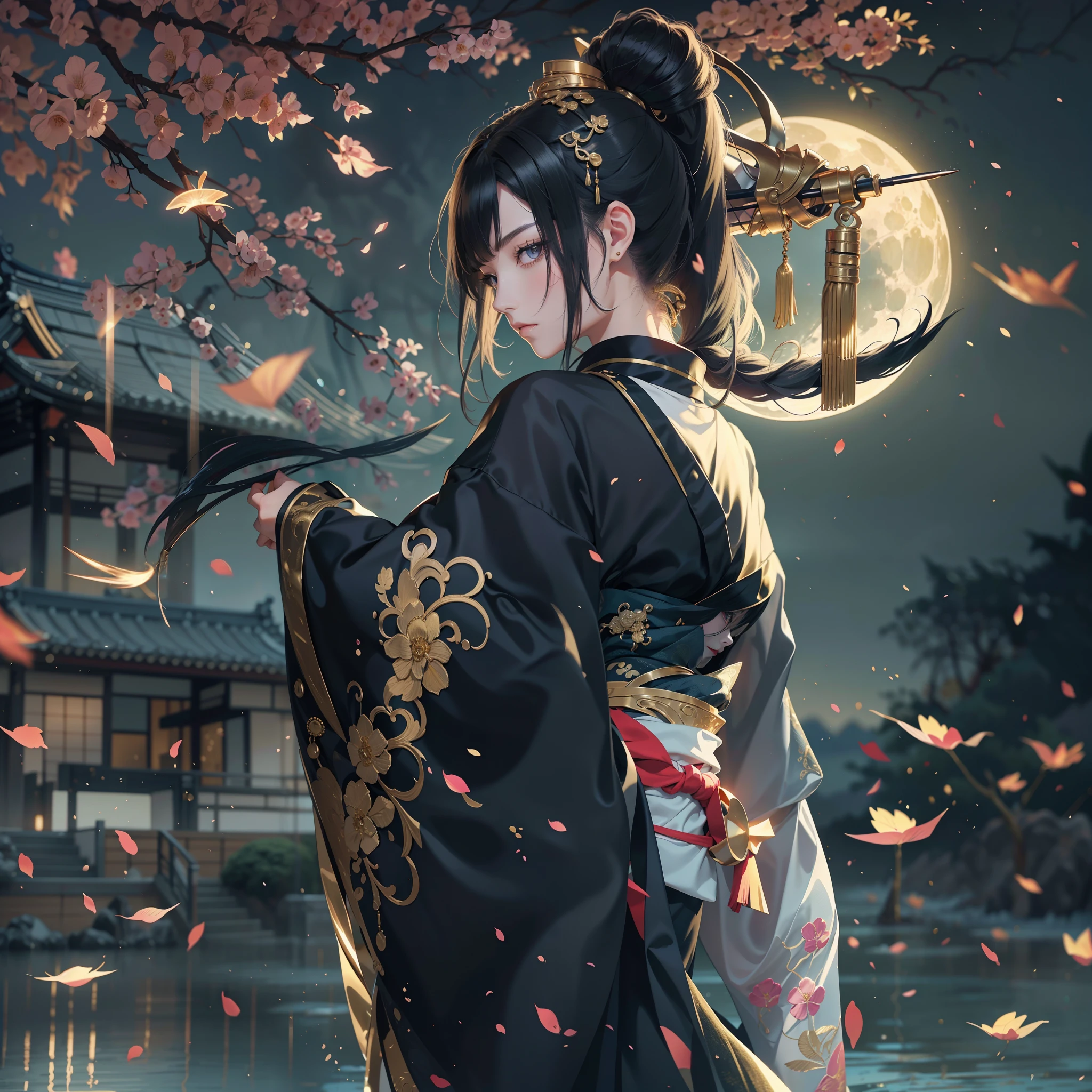 watching at viewers、moon in background、poneyTail、Woman with shiny black hair、{{{Luxury kimono(Black kimono(Detailed golden embroidery,))}}}、face perfect,Depict a beautiful and graceful woman of Japan。Heart in the eye。full body Esbian。 Beautiful anime art wallpaper 8k, beautiful fantasy anime, Beautiful anime, Detailed anime artwork.Blur the background with a sickle,((masutepiece)), ((Best Quality))