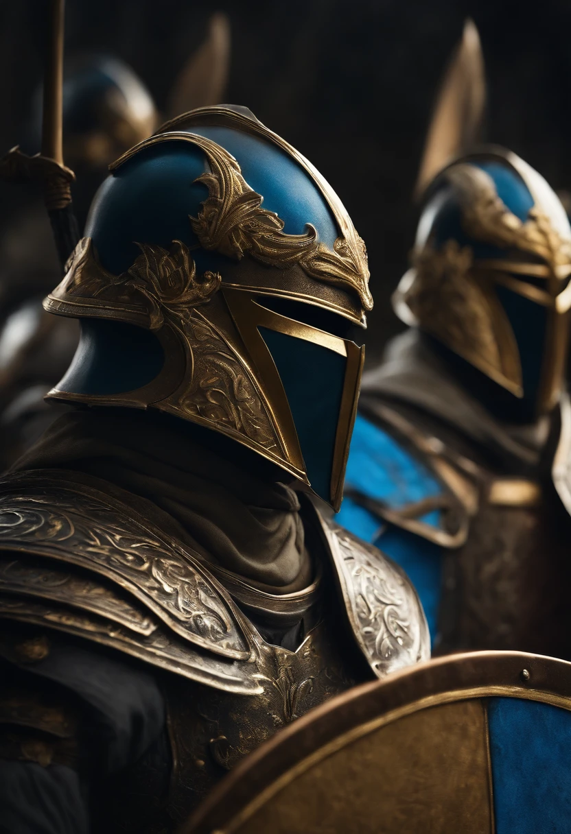 3 medieval warriors, ultra realistic 4k poster format image, left side armor with blue details and shield, center golden armor attack sword, right side armor with green details