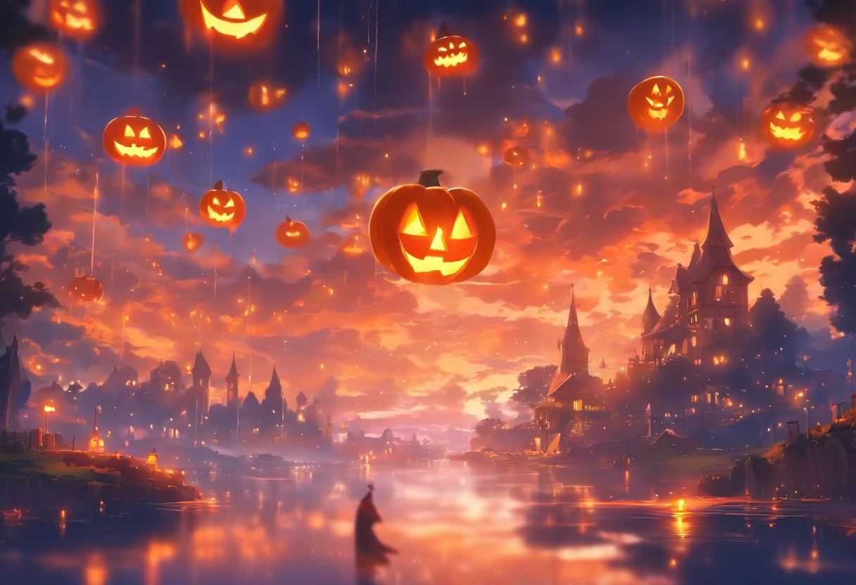 Halloween Floating Lights, Cinematic light and reflection, glowing lights, Intermediate metaverse elements,Digital Painting, Glowing reflections, pondering, Halloween Jack-o'-lantern, calm night, Digital Illustration, Beautiful atmosphere, Skylight at night, Calm evening atmosphere, Jack-o'-lantern, Halloween, the night, themoon, The game scene, Halloween, Surrounded by clouds, Buildings in medieval Europe, glazed tiles, ue, gorgeous colors, There are three arches in the foreground((color ink)), ( (Splash ink ) ), ((Splash ink) inky})), tmasterpiece, high quarity, Beautiful graphics, high detal,Magnificent