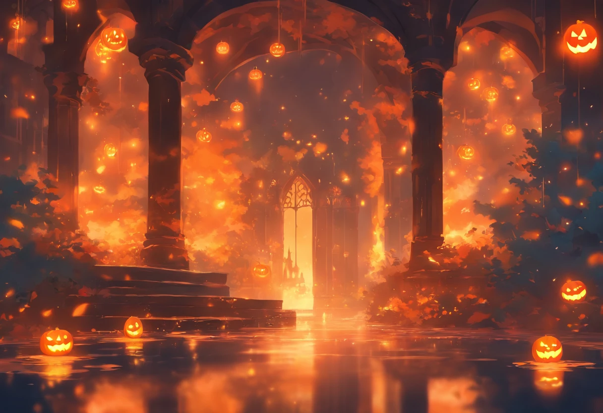 Halloween Floating Lights, Cinematic light and reflection, glowing lights, Intermediate metaverse elements，Digital Painting, Glowing reflections, pondering, Halloween Jack-o'-lantern, calm night, Digital Illustration, Beautiful atmosphere, Skylight at night, Calm evening atmosphere, Jack-o'-lantern, Halloween, the night, themoon, The game scene, Halloween, Surrounded by clouds, Buildings in medieval Europe, glazed tiles, ue, gorgeous colors, There are three arches in the foreground((color ink)), ( (Splash ink ) ), ((Splash ink) inky})), tmasterpiece, high quarity, Beautiful graphics, high detal,Magnificent