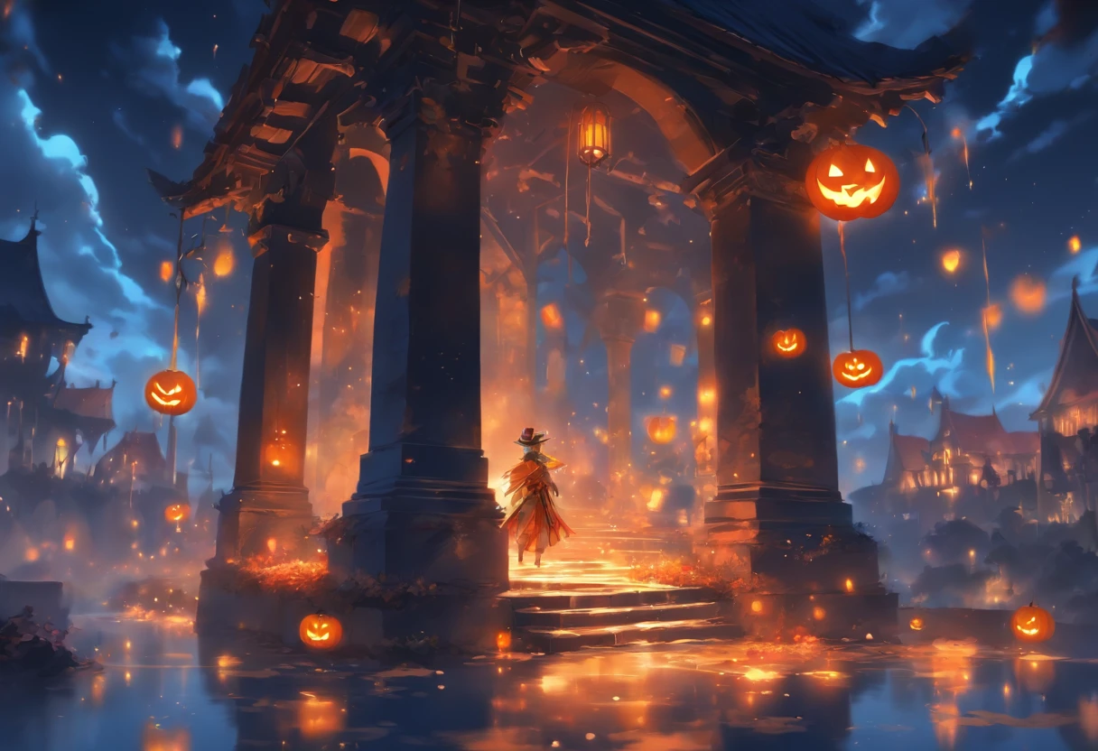 Halloween Floating Lights, Cinematic light and reflection, glowing lights, Intermediate metaverse elements,Digital Painting, Glowing reflections, pondering, Halloween Jack-o'-lantern, calm night, Digital Illustration, Beautiful atmosphere, Skylight at night, Calm evening atmosphere, Jack-o'-lantern, Halloween, the night, themoon, The game scene, Halloween, Surrounded by clouds, Buildings in medieval Europe, glazed tiles, ue, gorgeous colors, There are three arches in the foreground((color ink)), ( (Splash ink ) ), ((Splash ink) inky})), tmasterpiece, high quarity, Beautiful graphics, high detal,Magnificent