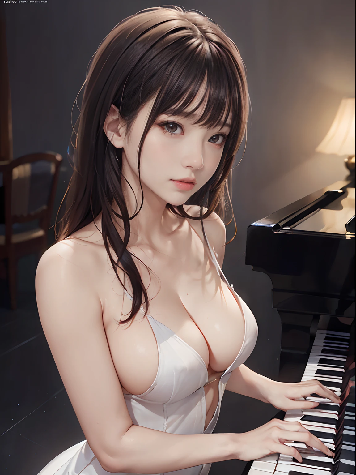 Ultra realistic 8K CG、Picture-perfect face、flawless、clean、​masterpiece、Professional artwork、famousartwork、face perfect、beautiful countenance、beautidful eyes、((Perfect female body))、独奏、(Immersive atmosphere、Chiaroscuro:1.5、brightened light:1.2、Luminous lighting)、Seductive look、Very detailed_Eyes、Medium chest、proffesional、
beautifullydetailedbackground、depth of fields、realisitic:1.3、longshot、1girl in、pianist、one piece dress、Sleeveless、Beautiful woman pulling the piano、The upper part of the body、piano
(ambient lights:1.3)、(Cinematic compositions:1.3)、spot light、Amazing beauty、perspiring