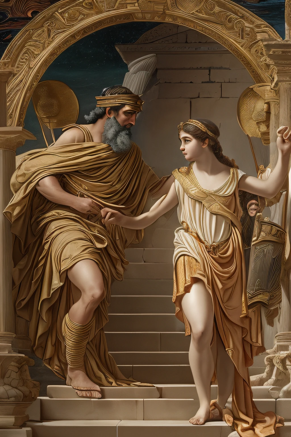 high details, (masterpiece, ultra-high resolution:1.4), Odysseus is stopped by a young girl who is Athena in disguise
