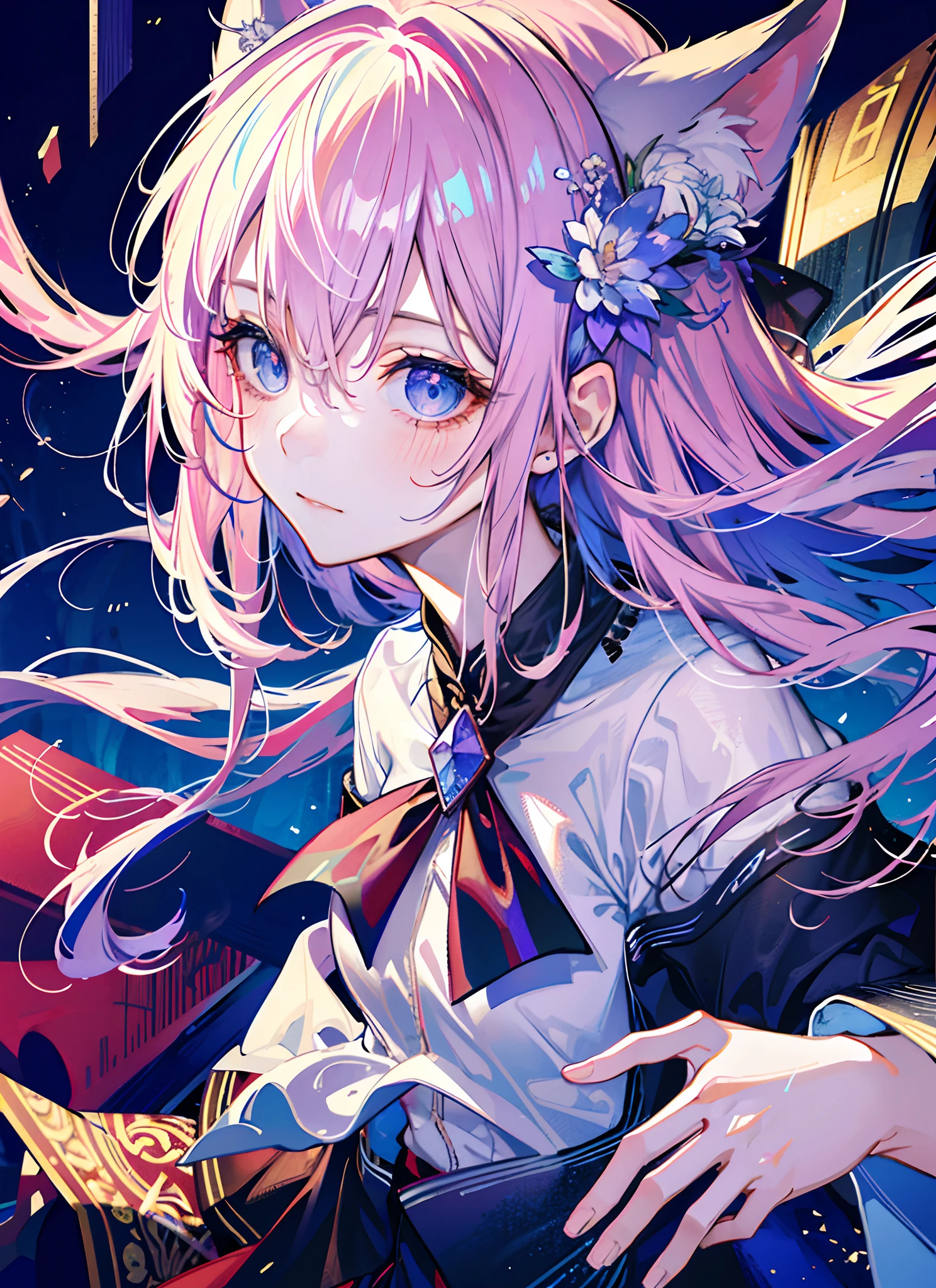 full bodyesbian，tmasterpiece，Best quality at best，offcial art，Very detailed CG 8k wallpaper，(flying petal)(Detailed ice)，Crystal texture of the skin，Grim expression，(fox ear)，whaite hair，long whitr hair，messy  hair，eBlue eyes，Medium breasts，looking at viewert，very fine and beautiful，Eau，(Beautiful detailed eyes)，highly  detailed，电影灯光，(beauitful face)，Fine water surface，(Original figure painting)，ultra - detailed，Unbelievably detailed，(very fine and beautiful)，Beautiful detailed eyes，(Best quality at best)