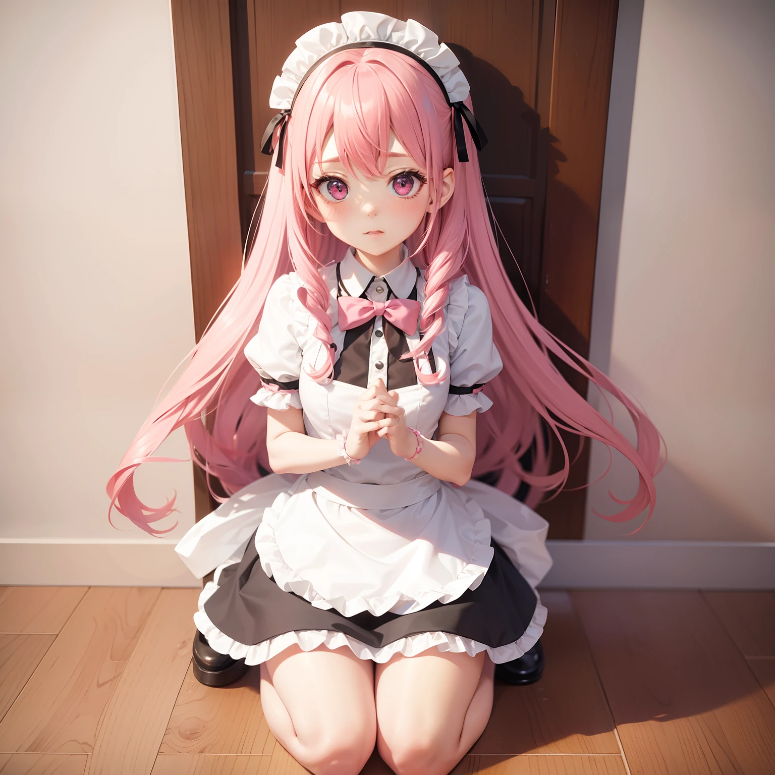 Pink hair loli, wearing a maid outfit, Kneeling, Legs and five fingers, More meat, Cute 2D, backgroundbacklitHD ，top-quality，Beautiful Beautiful Girl，超A high resolution，