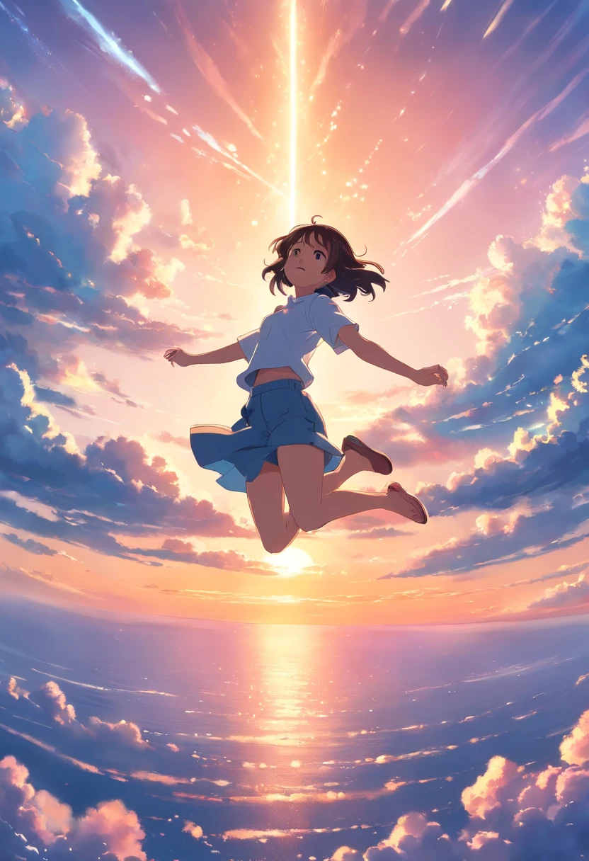 masterpiece, best quality, movie still, 1girl, cloud girl, floating in the sky, close-up, bright, happy, warm soft lighting, sunset, (sparks:0.7)