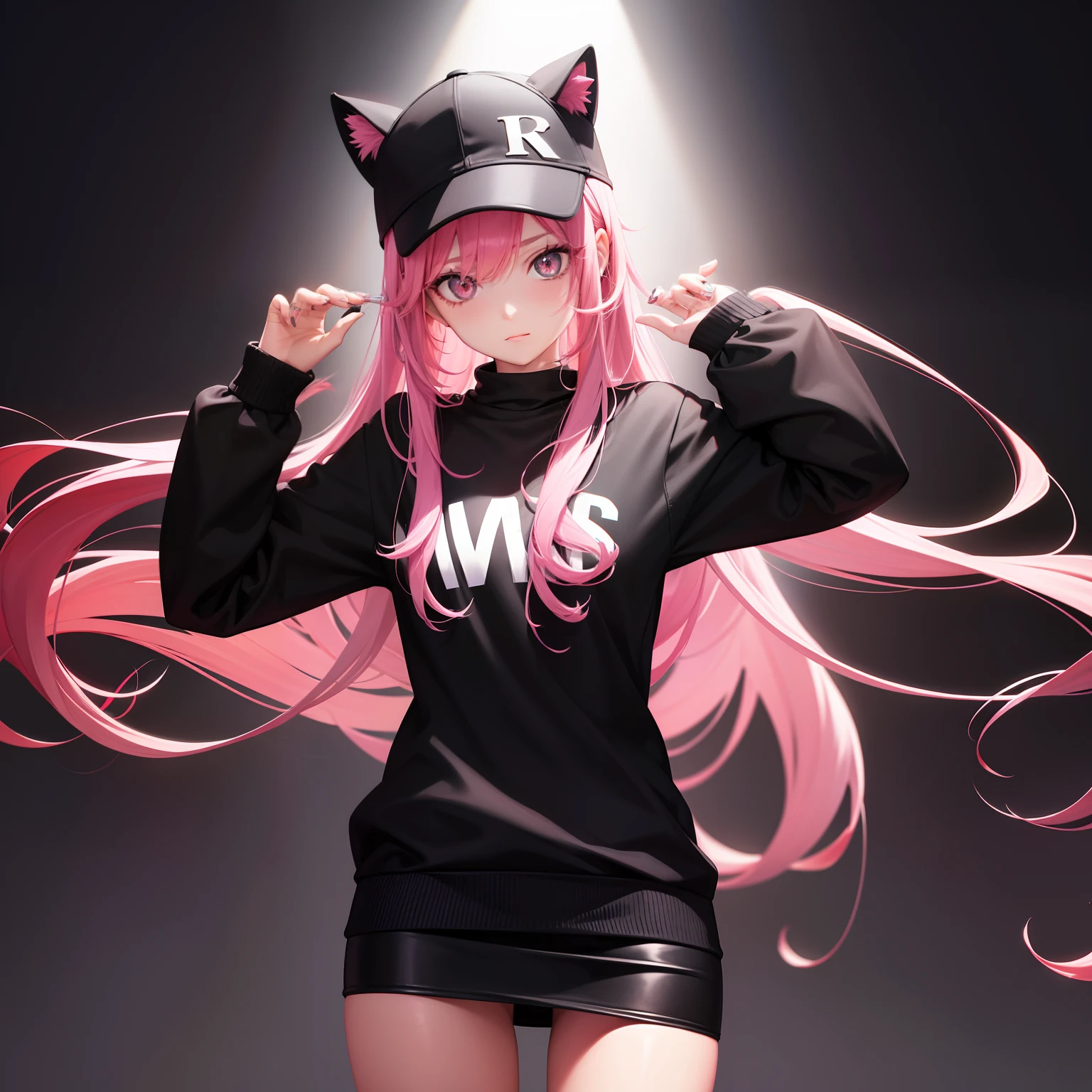 Leader of Runaway Bad Girl, Long Black Jumper, a cool、a miniskirt, Long pink hair, Looking at the viewer, Front view,