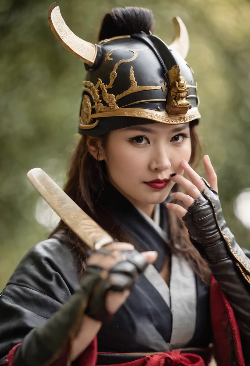 Samurai Helmet Women's Cosplay Black leather gloves mask