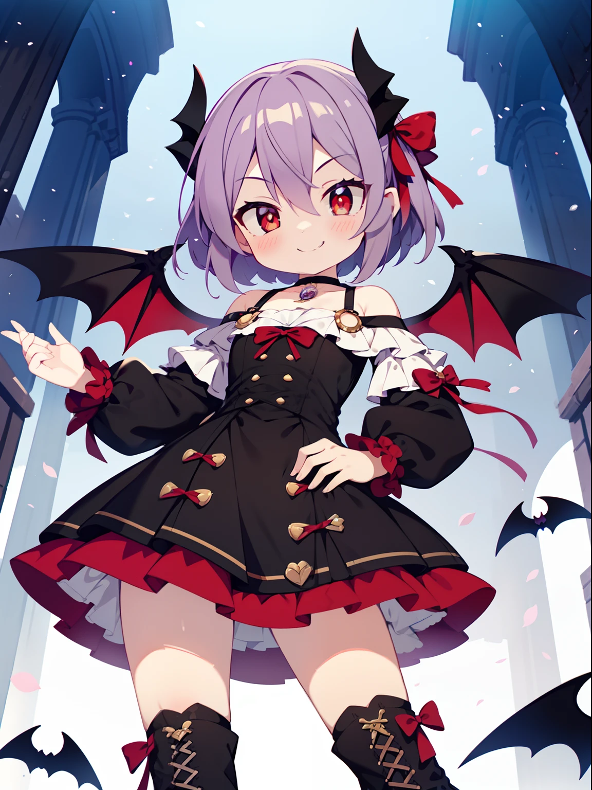 Colorful , masutepiece, Best Quality, 1girl in, li, purple hair, short hair, spike hair, Evil Female Executive, Goth Lolita Costume, a miniskirt, White stockings, Large red ribbon, a choker, White inner, black clothes, Sadistic smile, evil smile, black boots, bat wings, petite, from below, looking at viewer, contrapposto, hairs between eyes, red eyes, shiny eyes,