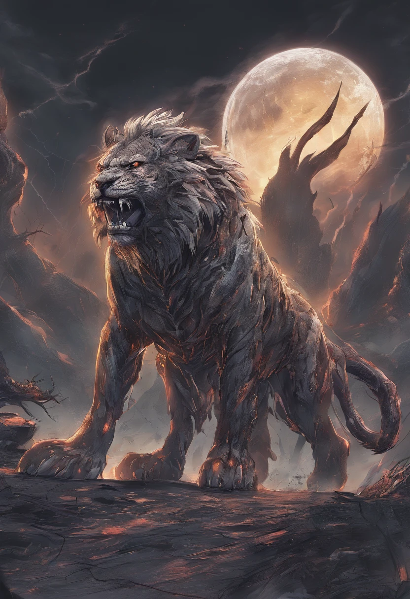 Strange monsters in a fantasy world,sabertooth tiger,long canine teeth,Strong limbs,Covered in flames,Blood,Covered with thick spikes,Moon Night,中景 the scene is,Full body like, highly detailed surreal vfx,oc rendered,Shot with 70 mm - AR 16:9 --q 2 --s 1000