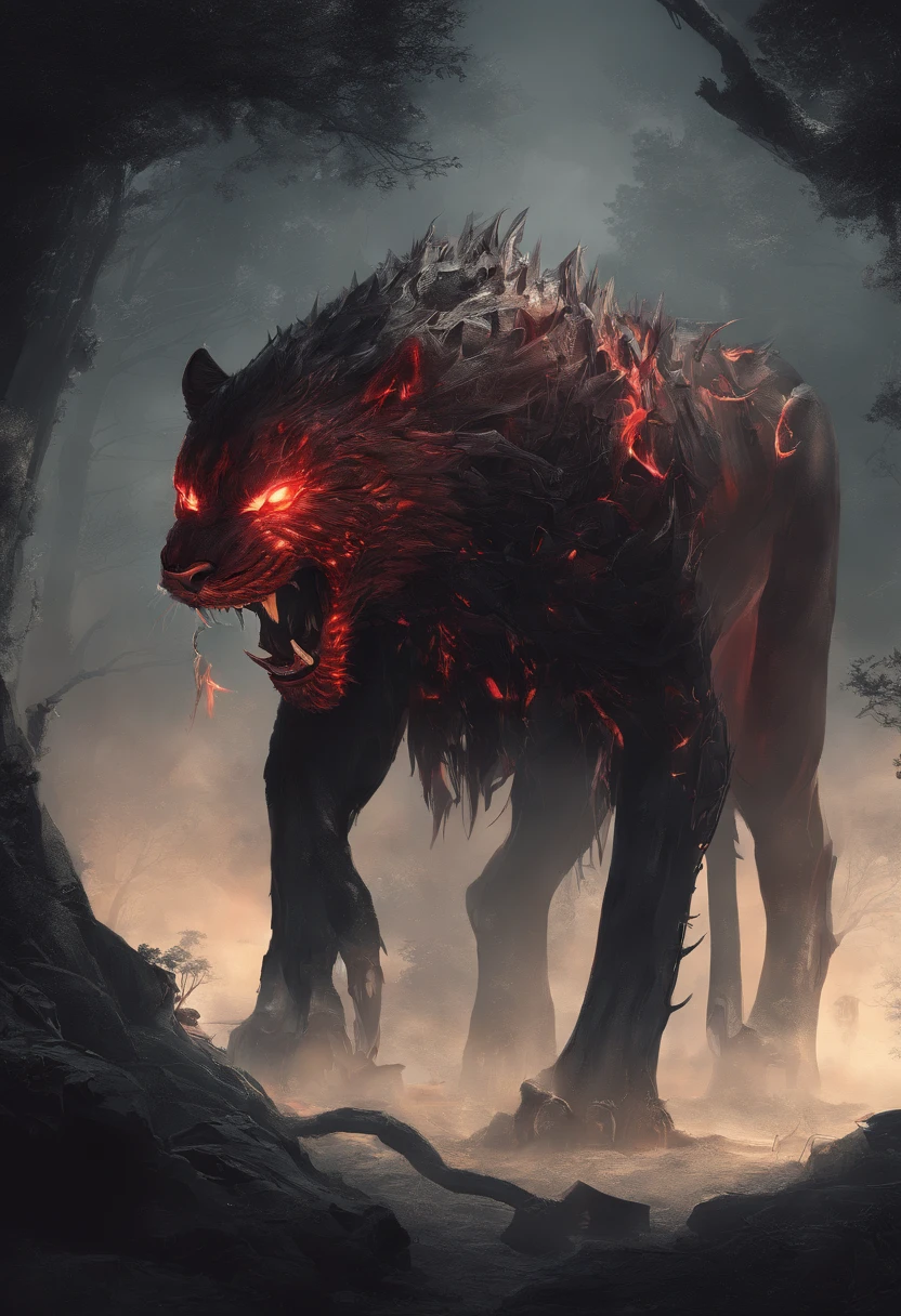 Strange monsters in a fantasy world,sabertooth tiger,long canine teeth,Strong limbs,Covered in flames,Blood,Covered with thick spikes,Moon Night,中景 the scene is,Full body like, highly detailed surreal vfx,oc rendered,Shot with 70 mm - AR 16:9 --q 2 --s 1000
