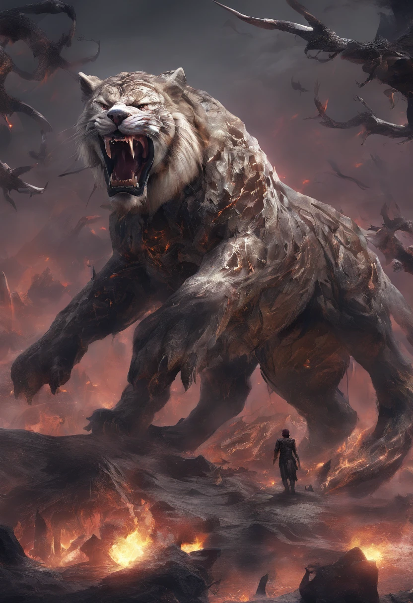 Strange monsters in a fantasy world,sabertooth tiger,long canine teeth,Strong limbs,Covered in flames,Blood,Covered with thick spikes,Moon Night,中景 the scene is,Full body like, highly detailed surreal vfx,oc rendered,Shot with 70 mm - AR 16:9 --q 2 --s 1000