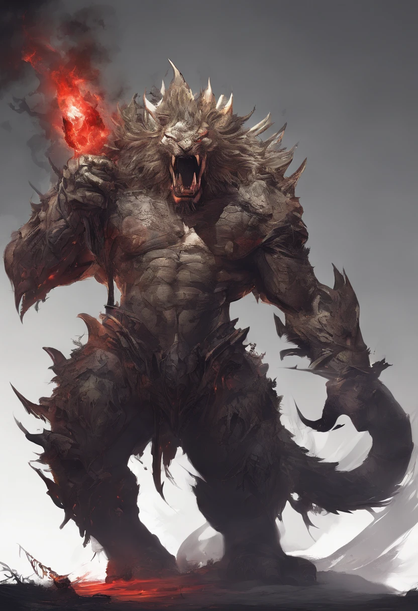 Strange monsters in a fantasy world,sabertooth tiger,long canine teeth,Strong limbs,Covered in flames,Blood,Covered with thick spikes,Moon Night,中景 the scene is,Full body like, highly detailed surreal vfx,oc rendered,Shot with 70 mm - AR 16:9 --q 2 --s 1000