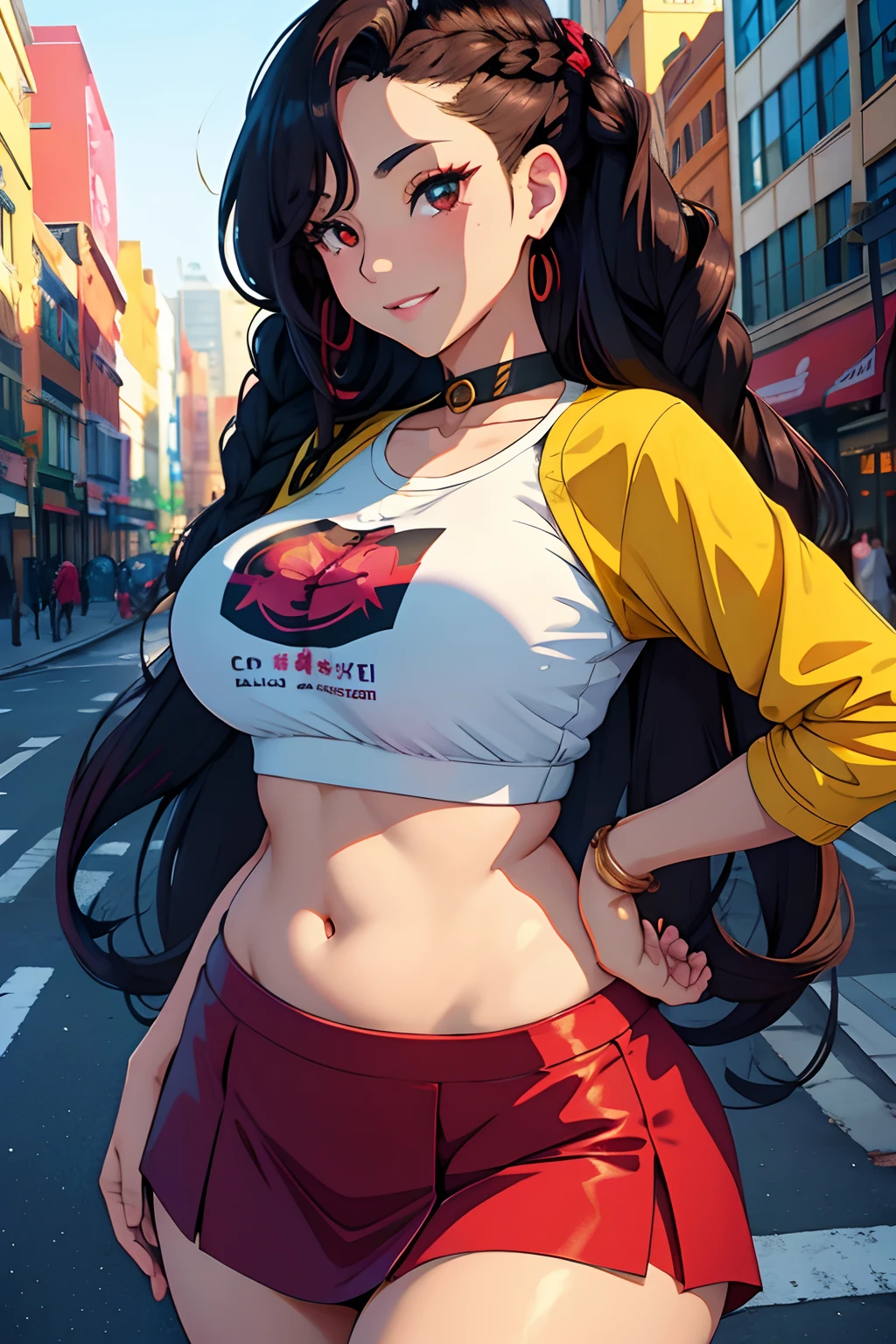 anime, girl, taking a selfie, mischievous smile, long hair, dark hair color, stylish hairstyle, side hair long lush hair, long curls of hair pulled to the sides, Braids within the hair, curvy body, sexy girl, beautiful girl, lovable character, crop top, short skirt, clarity, detailed, detailed face, very detailed drawing, smile, flirty look, city background, saturated background, perfect composition, soft natural volumetric cinematic perfect light, masterpiece, pov from the camera