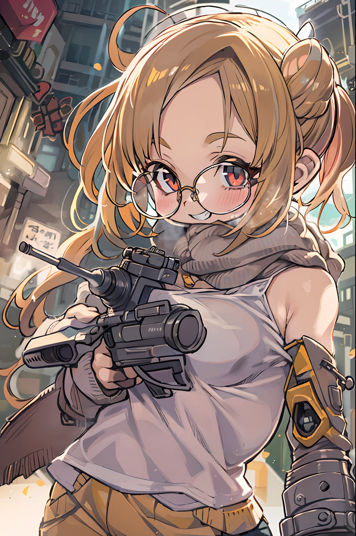 masutepiece, Best Quality, 1girl in, Sharp eyes, Smile,rocket launcher、big round glasses,Camisole、Jagged teeth