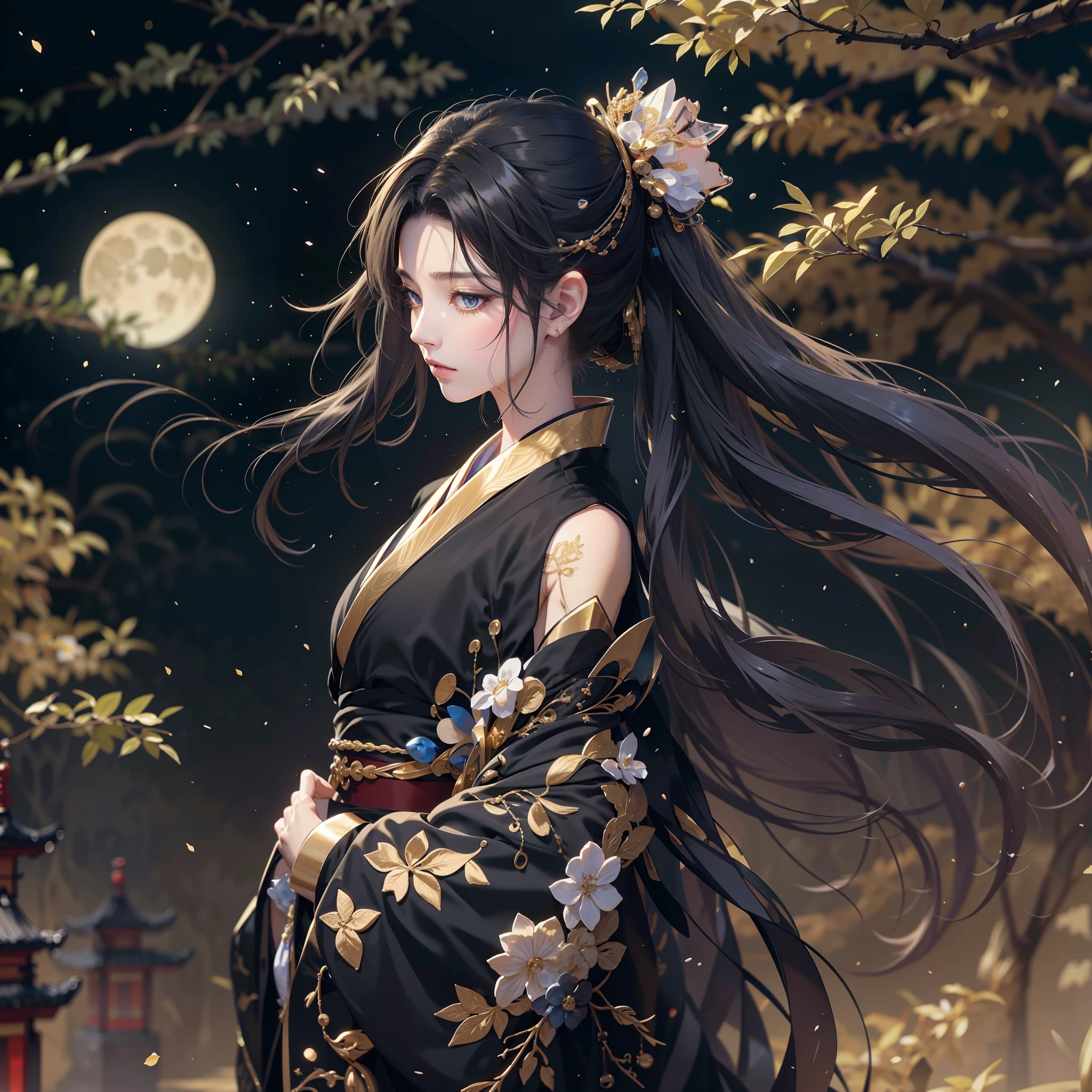 watching at viewers、Ancient capital and moon in the background、poneyTail、Woman with shiny black hair、{{{Luxury kimono(Black kimono(Detailed golden embroidery,))}}}、face perfect,Depict a beautiful and graceful woman of Japan。Heart in the eye。full body Esbian。 Beautiful anime art wallpaper 8k, beautiful fantasy anime, Beautiful anime, Detailed anime artwork.Blur the background with a sickle,((masutepiece)), ((Best Quality))