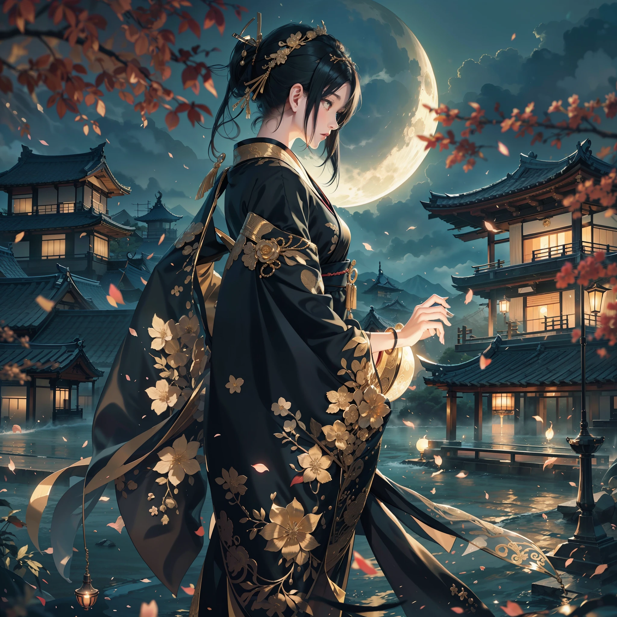 watching at viewers、Ancient capital and moon in the background、poneyTail、Woman with shiny black hair、{{{Luxury kimono(Black kimono(Detailed golden embroidery,))}}}、face perfect,Depict a beautiful and graceful woman of Japan。Heart in the eye。full body Esbian。 Beautiful anime art wallpaper 8k, beautiful fantasy anime, Beautiful anime, Detailed anime artwork.Blur the background with a sickle,((masutepiece)), ((Best Quality))