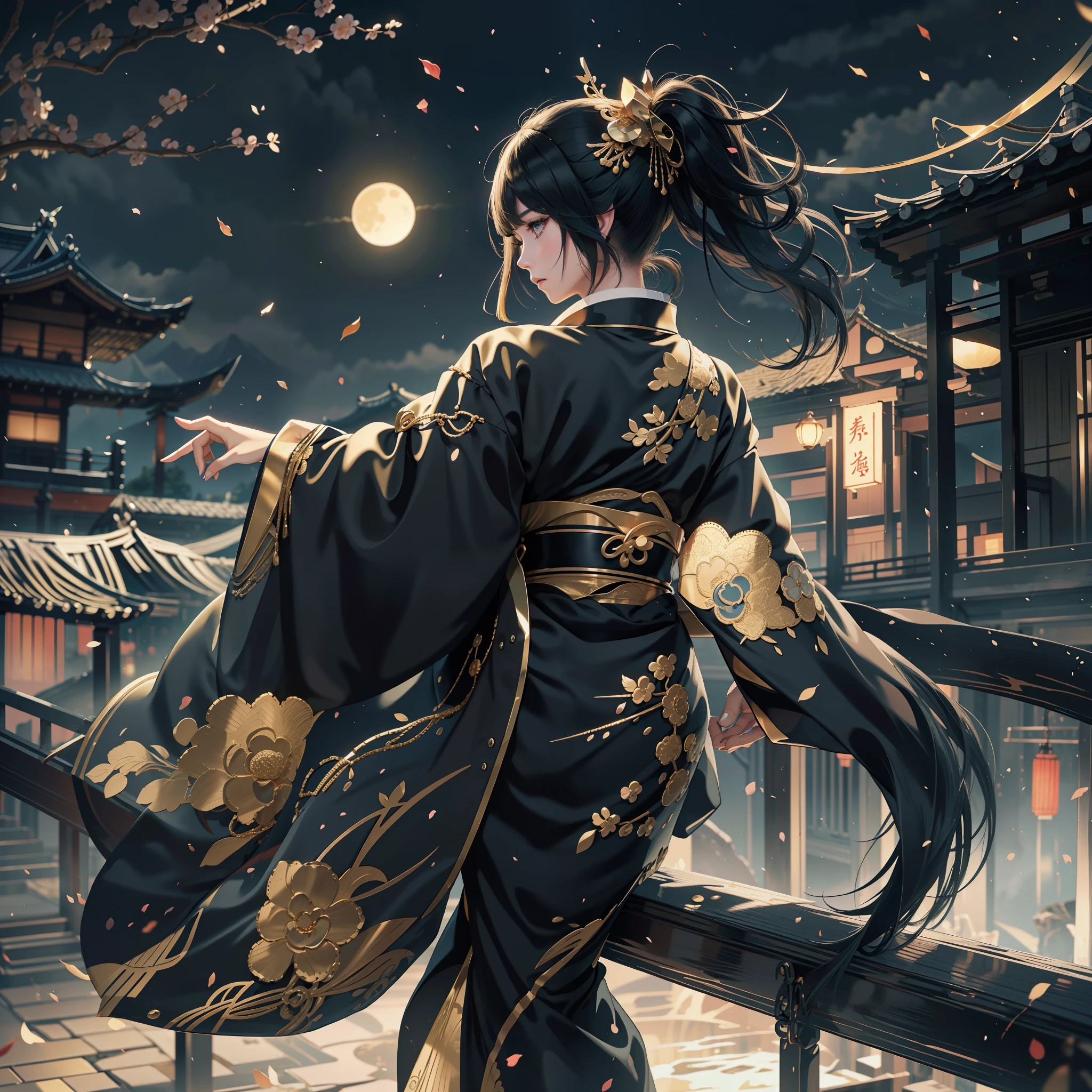 watching at viewers、Ancient capital and moon in the background、poneyTail、Woman with shiny black hair、{{{Luxury kimono(Black kimono(Detailed golden embroidery,))}}}、face perfect,Depict a beautiful and graceful woman of Japan。Heart in the eye。full body Esbian。 Beautiful anime art wallpaper 8k, beautiful fantasy anime, Beautiful anime, Detailed anime artwork.Blur the background with a sickle,((masutepiece)), ((Best Quality))
