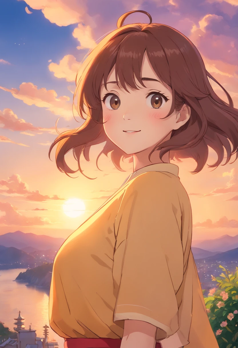 tmasterpiece,best qualtiy,cinematic Film still from,1Beautifulwoman,Yunmei,Frontal photo,Delicate and beautiful face,Standard facial features and limbs,Normal hands,Arms spread wide,ssmile,Floating in the sky,closeup cleavage,brightly,cheerfulness,Warm and soft lighting,the sunset,(spark of light:0.7)