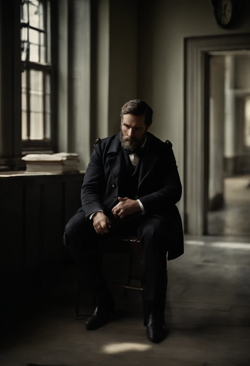 1 sospechosos de asesinato, sitting in a police station in London, Usar ropa sencilla, Aspecto nervioso y preocupado, esperando ser interrogado, 1888, hyper-realistic, Foto realism, cinematography, --ar9:16, Detalles faciales: Alto, arte marino