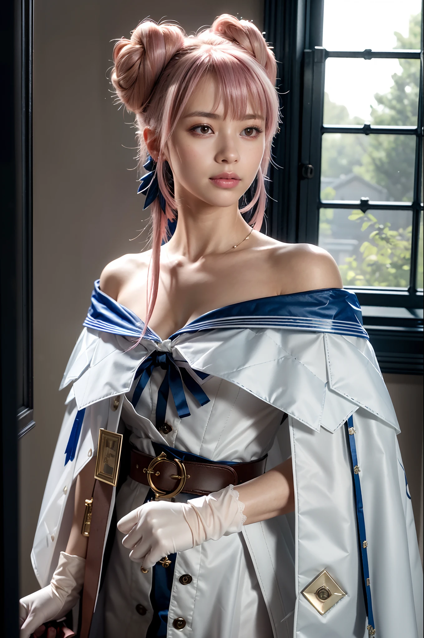 (Realistic:1.3), Finely detailed, quality, Rembrandt lighting, (masutepiece:1.2), (Photorealistic:1.2), (Best Quality), (Detailed skin:1.3), (Intricate details), Dramatic, Ray tracing, 1girl in, japanaese girl, 21 years old, Detailed skin texture, (blush:0.5), (Goosebumps:0.5), Subsurface scattering, Smiling, Very long hair, Pink hair, Twin Hair Buns, Parted bangs, Hair ribbons, medium breasts, origen, White Gloves,(White belt),Blue Dress, White blouse, White Caplet, bow ribbon, Cowboy Shot, (bright sunny day, window, livingroom),