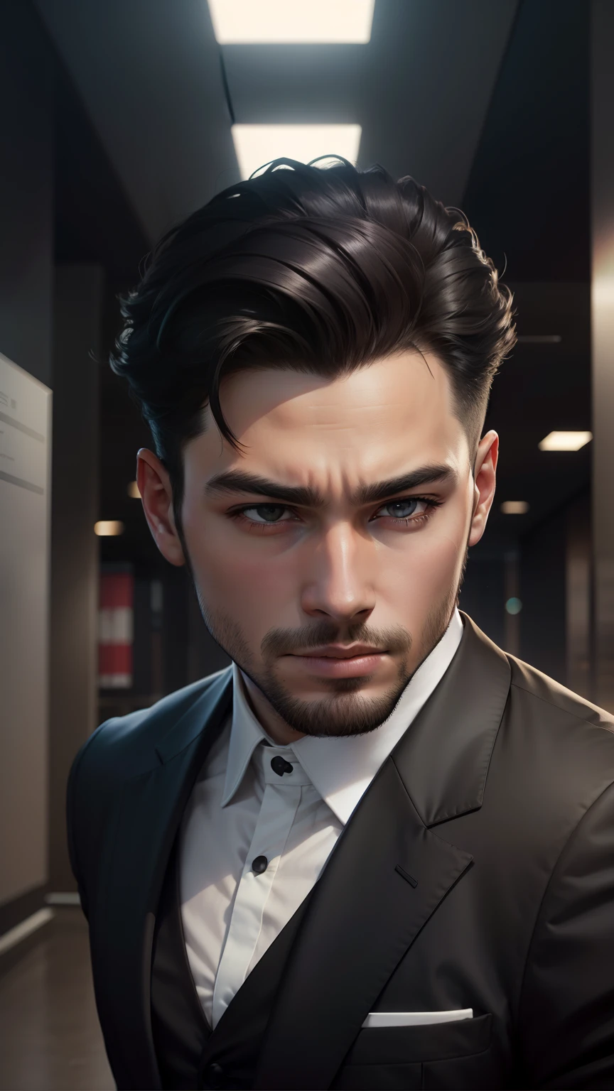 a young Business Man wearing modern black suit , change background to office , 8k quality, ultra realistic