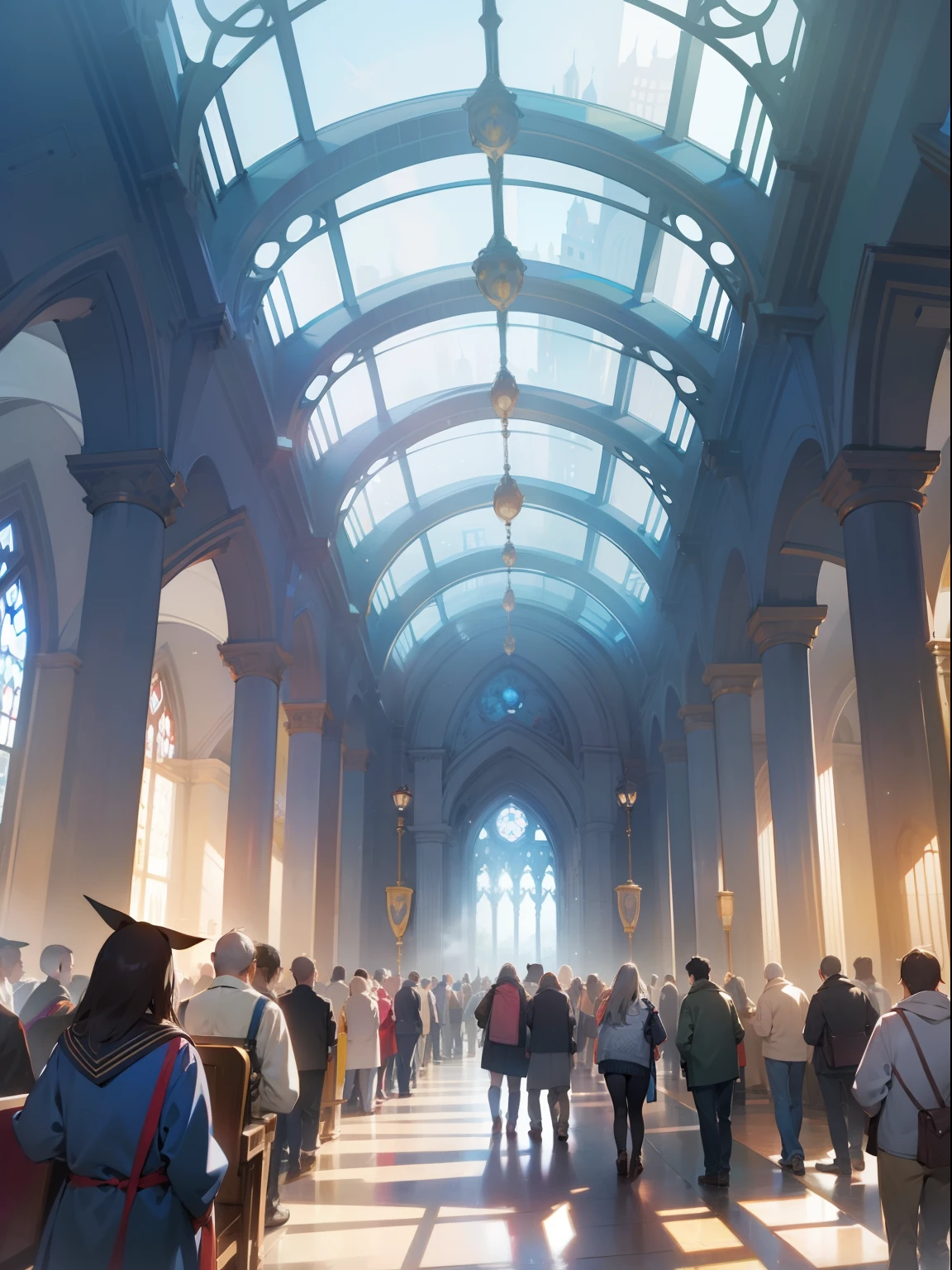 a gallery of magical artifacts in a large university hall with a crowd in the distance