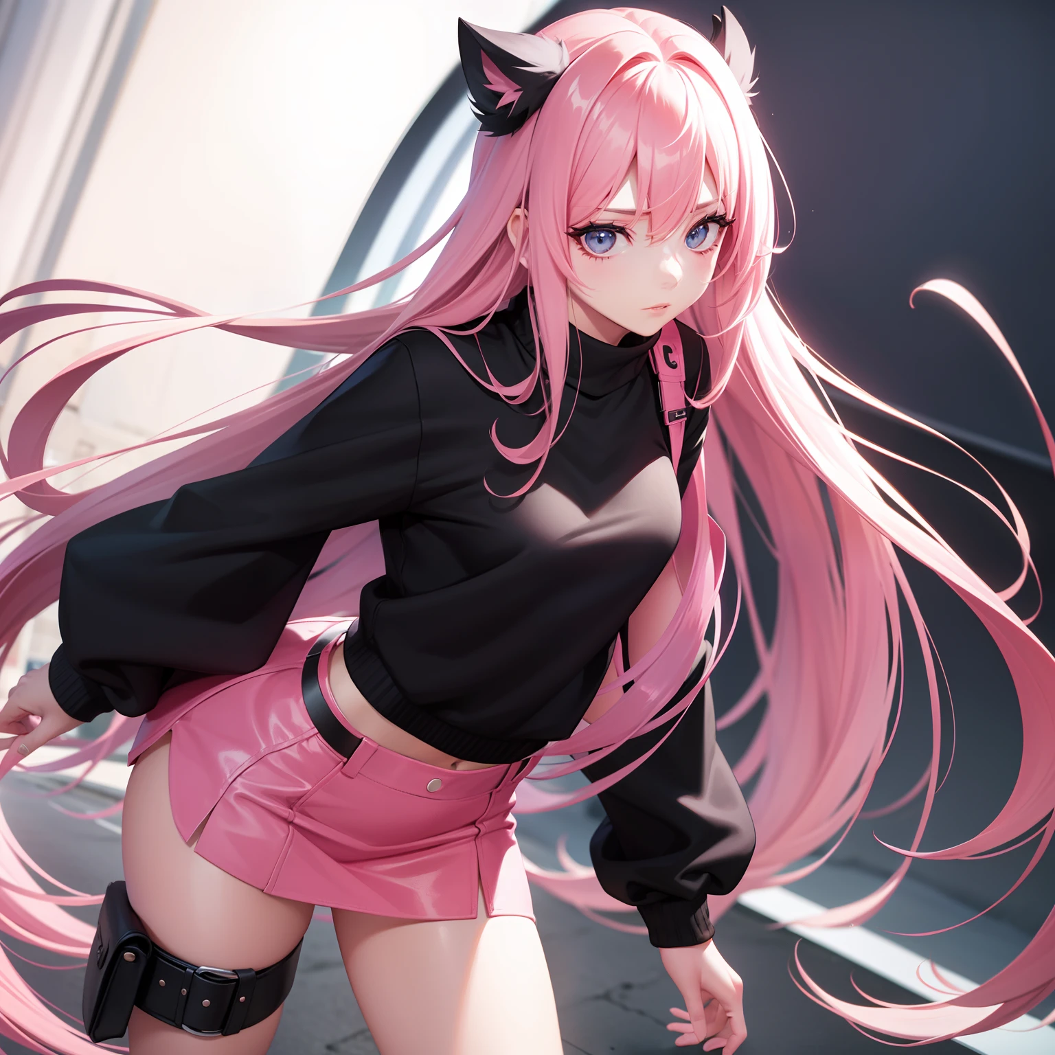 Anime girl with pink hair and black top posing for a picture - SeaArt AI