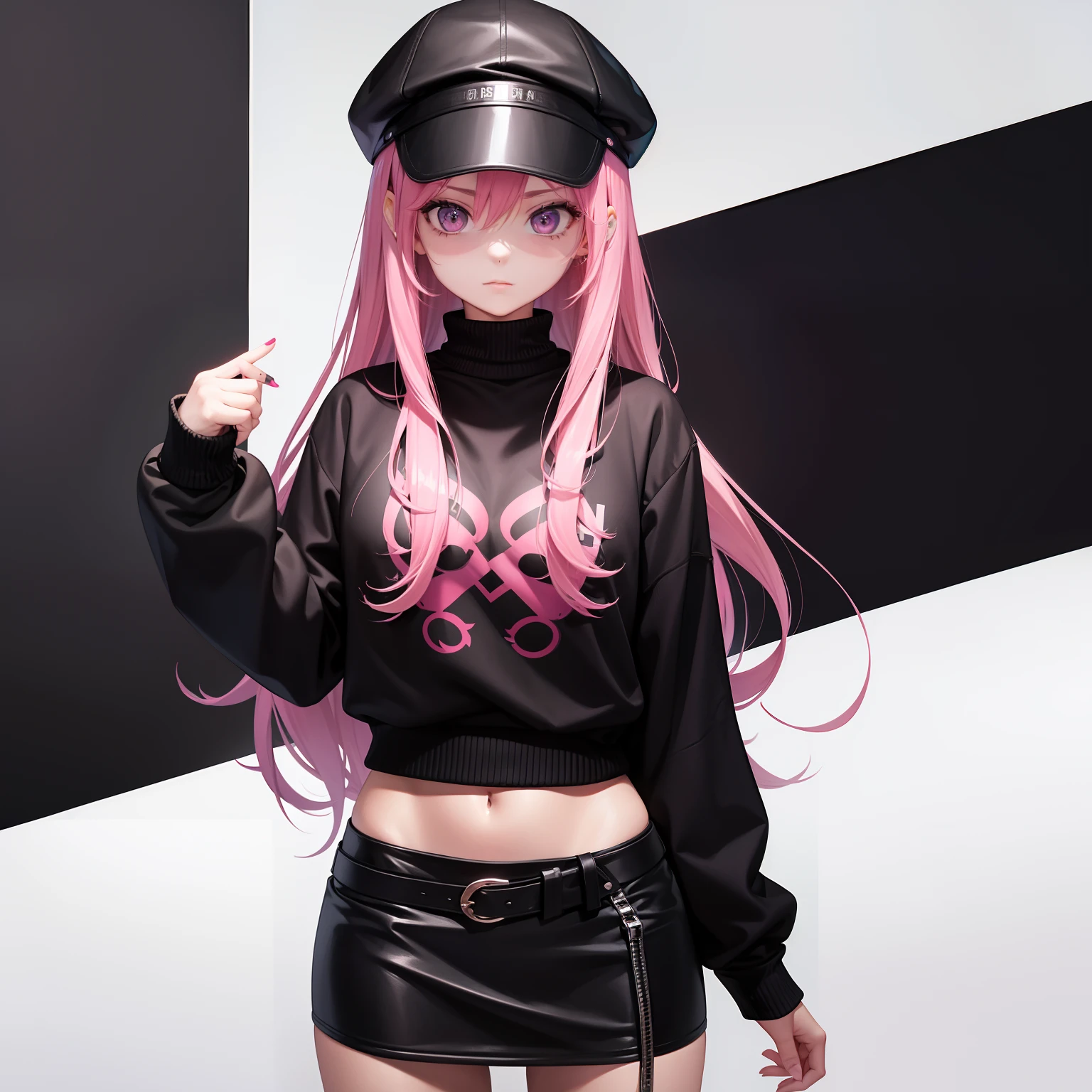 Leader of Runaway Bad Girl, Long Black Jumper, a cool、a miniskirt, Long pink hair, Looking at the viewer, Front view,