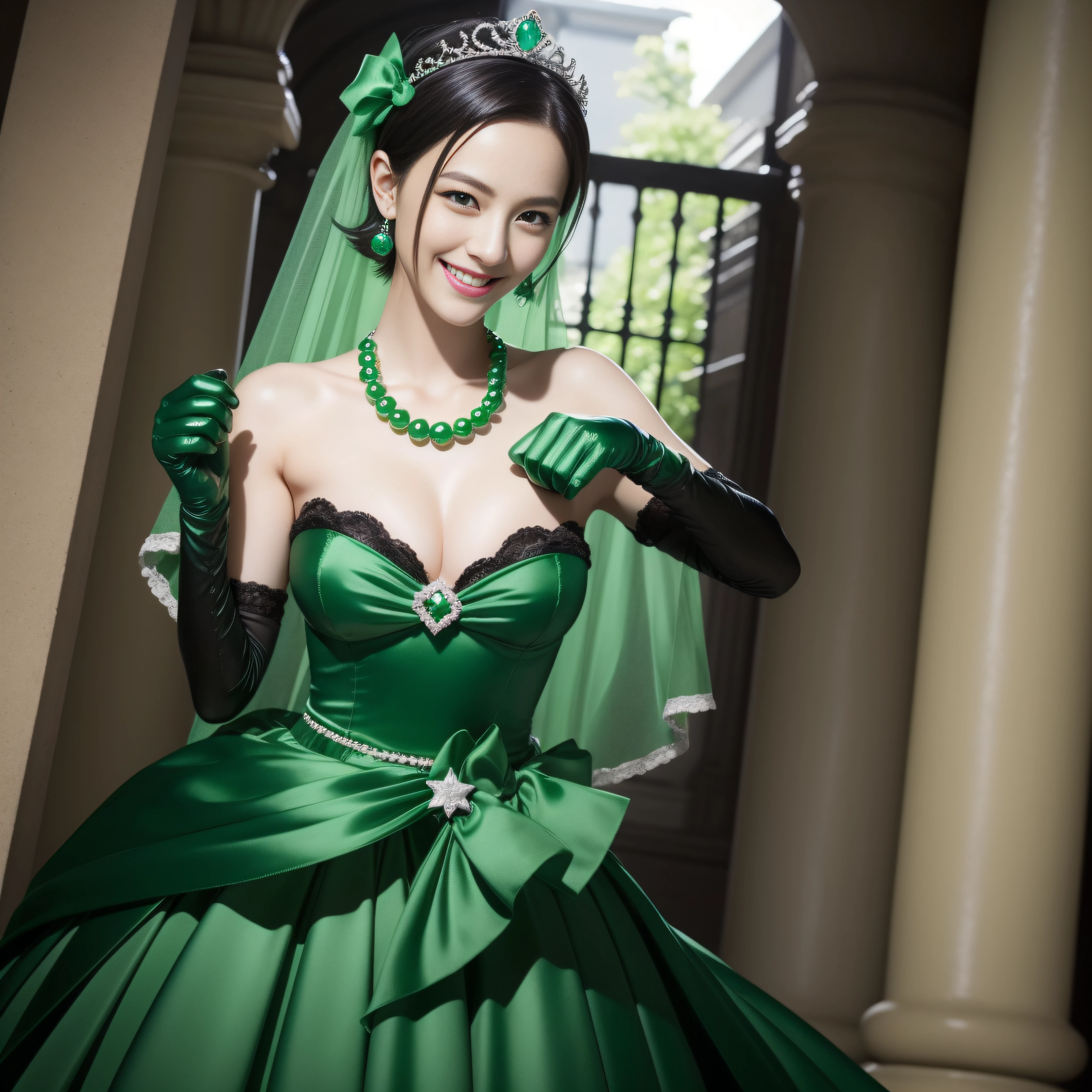 emerald tiara, Green Pearl Necklace, Boyish very short black hair, lipsticks, Japan woman smiling, Long green gloves made of satin material, very short short hair, fist, big breasts beautiful, Green eyes