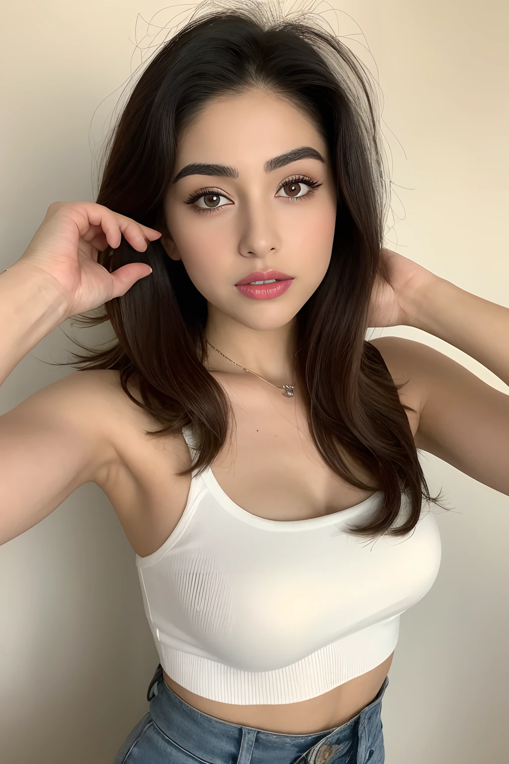 ((realistic lighting, best quality, 8k, master part: 1.3)), Clear focus: 1.2, 2Menina, figura perfeita: 1.4, ((cabelo medio castanho)), (White crope top and high-waisted black jeans and a white sneaker: 1.4), , Cara super fina, Olhos Finos, double eyelids, woman is posing in an entrepreneurial way,  inspired by Gina Pellón, instagram, Tachisme, Violeta Myers, Lorena Avarez, olivia culpo, Alanis Guillen, Parece Laura Barriales,  Sofia Mudd, curtido ameera al taweel, mulher iraniana bonita, imagem de corpo inteiro