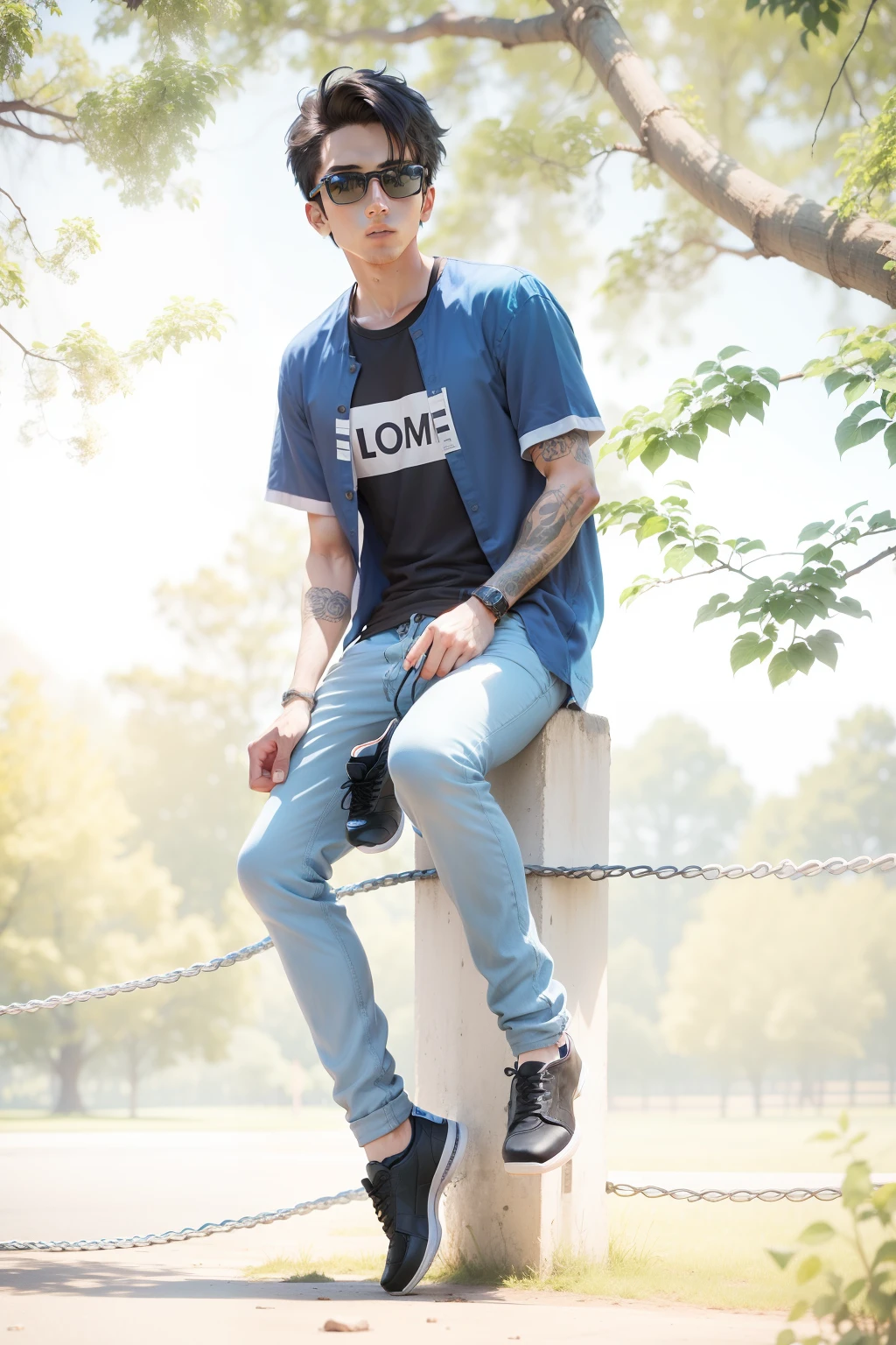 Blue half shirt and black googal man shit the nature background afternoon light time black shoes and realistic photo awesome look