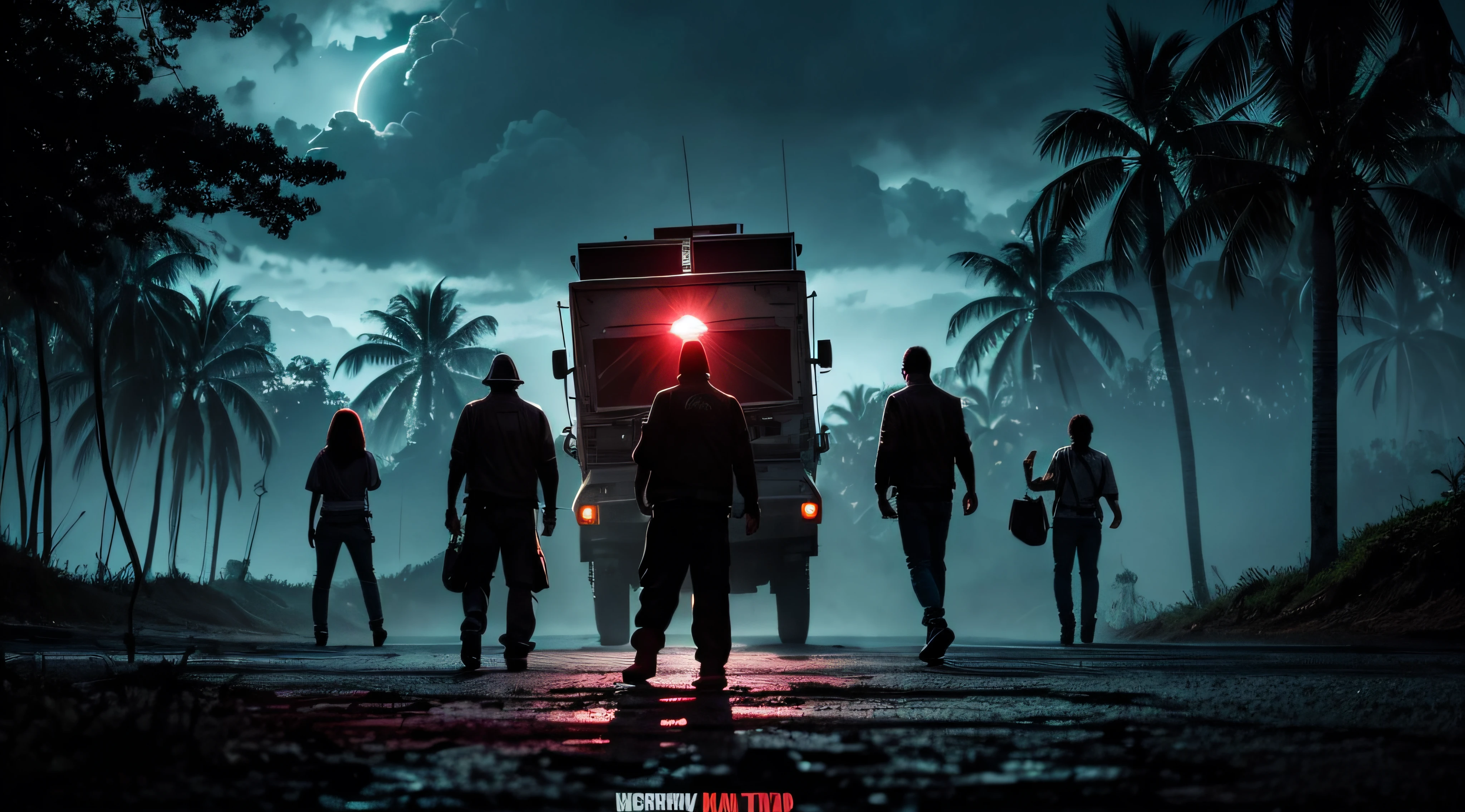 Imaginary Movie Trailer "Twilight of the Dead" do diretor George A Romero, sobre mortos vivos em uma ilha, Horda de zumbis, ambiente tropical, noite, Escuro, cinemactic, super detalhado, terror, Hollywood-style photography of the 80's, filmado em 35 mm, low saturation, nojento, rated r, Contra a luz,