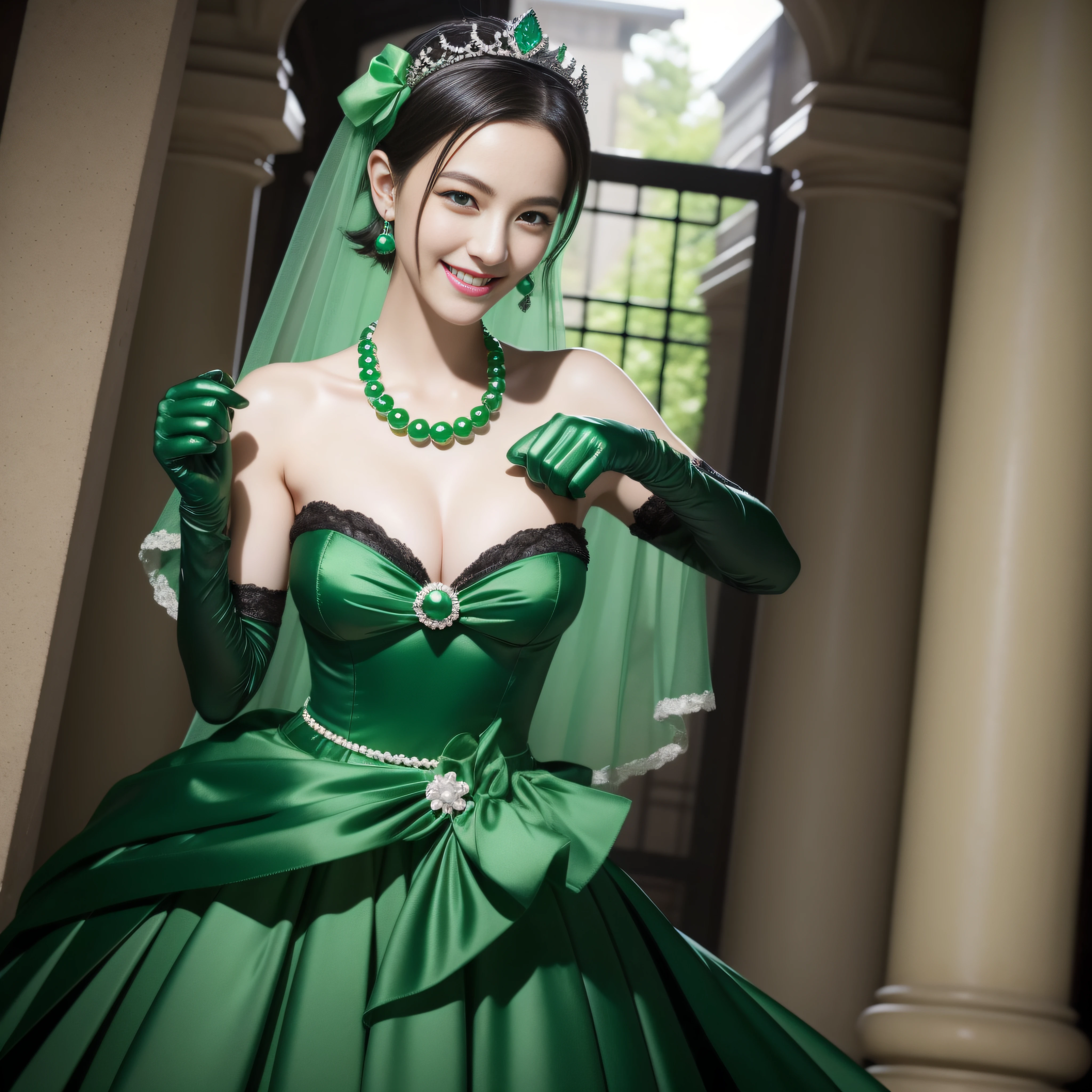 emerald tiara, Green Pearl Necklace, Boyish very short black hair, lipsticks, Japan woman smiling, Long green gloves made of satin material, very short short hair, fist, big breasts beautiful, Green eyes