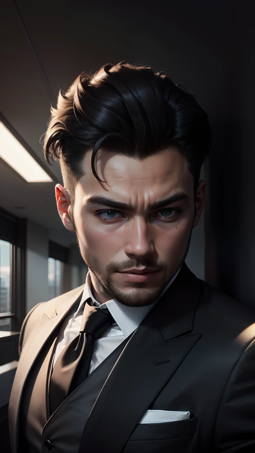 a young Business Man wearing modern black suit , change background to office , 8k quality, ultra realistic