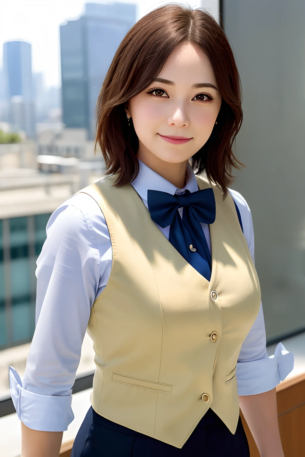 1girl, matured female, vest, bow, photo, realistic, best quality, hires, detailed face, office, buildings from window, detailed background, diffused sunlight, depth of field, bokeh