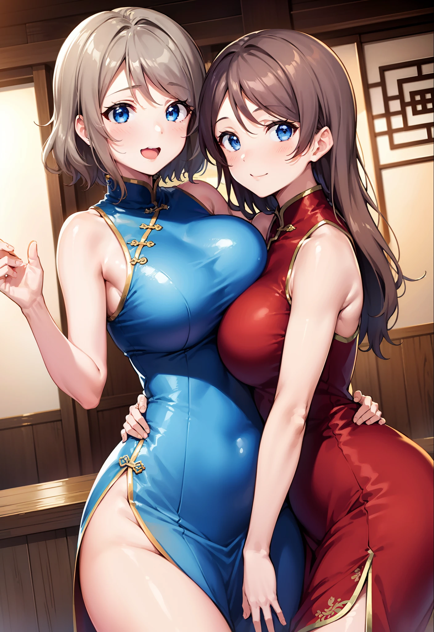 2girls, hug,Watanabe you, blue eyes,big breasts, chinese dress, sleeveless,red face,blunt hair,curvy body