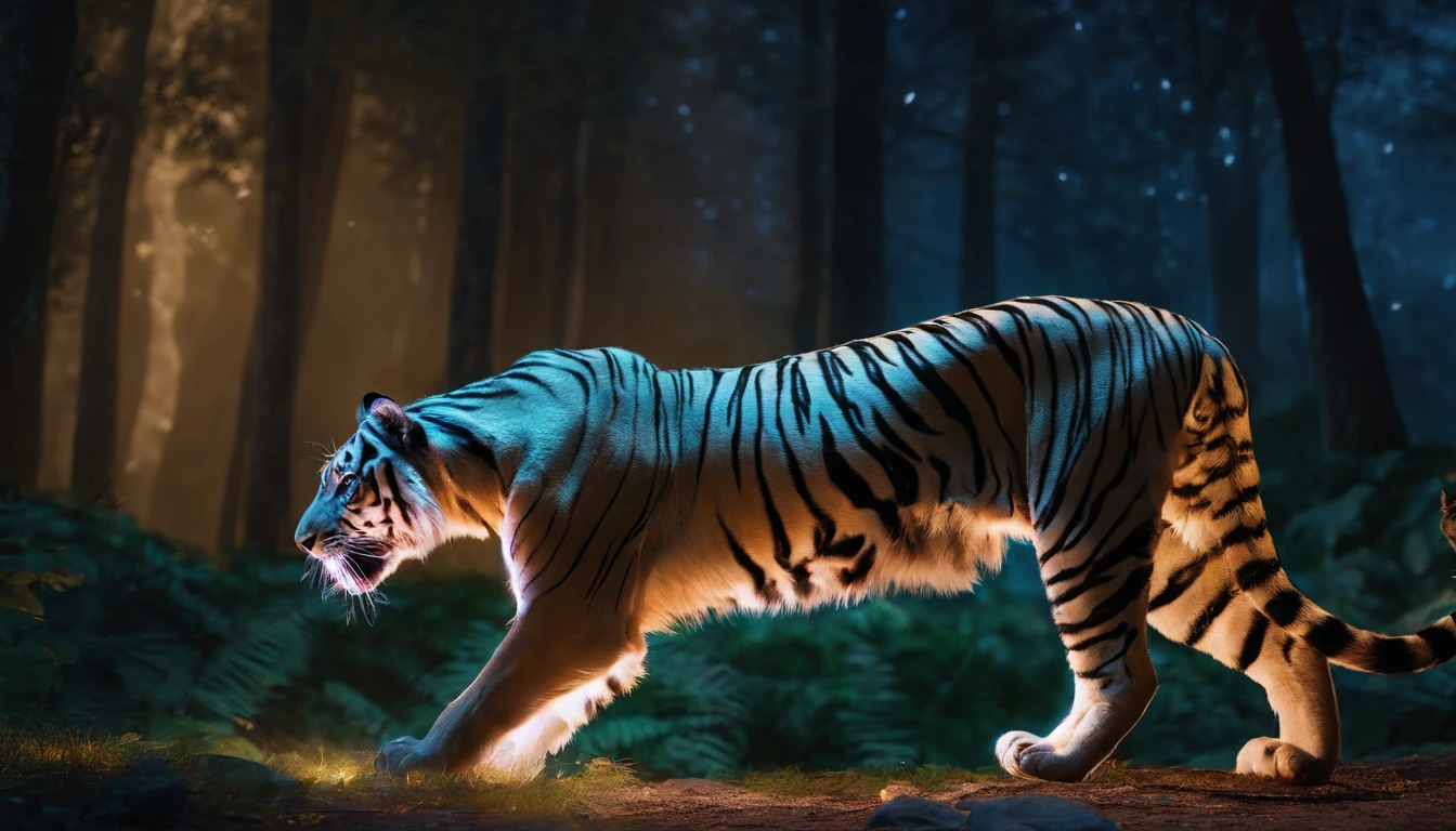 Fantasy World Saber-toothed Tiger,Emits blue-violet light,Glow effects,the night,中景 the scene is,Full body like, highly detailed surreal vfx,oc rendered,Shoot with 70 mm - AR