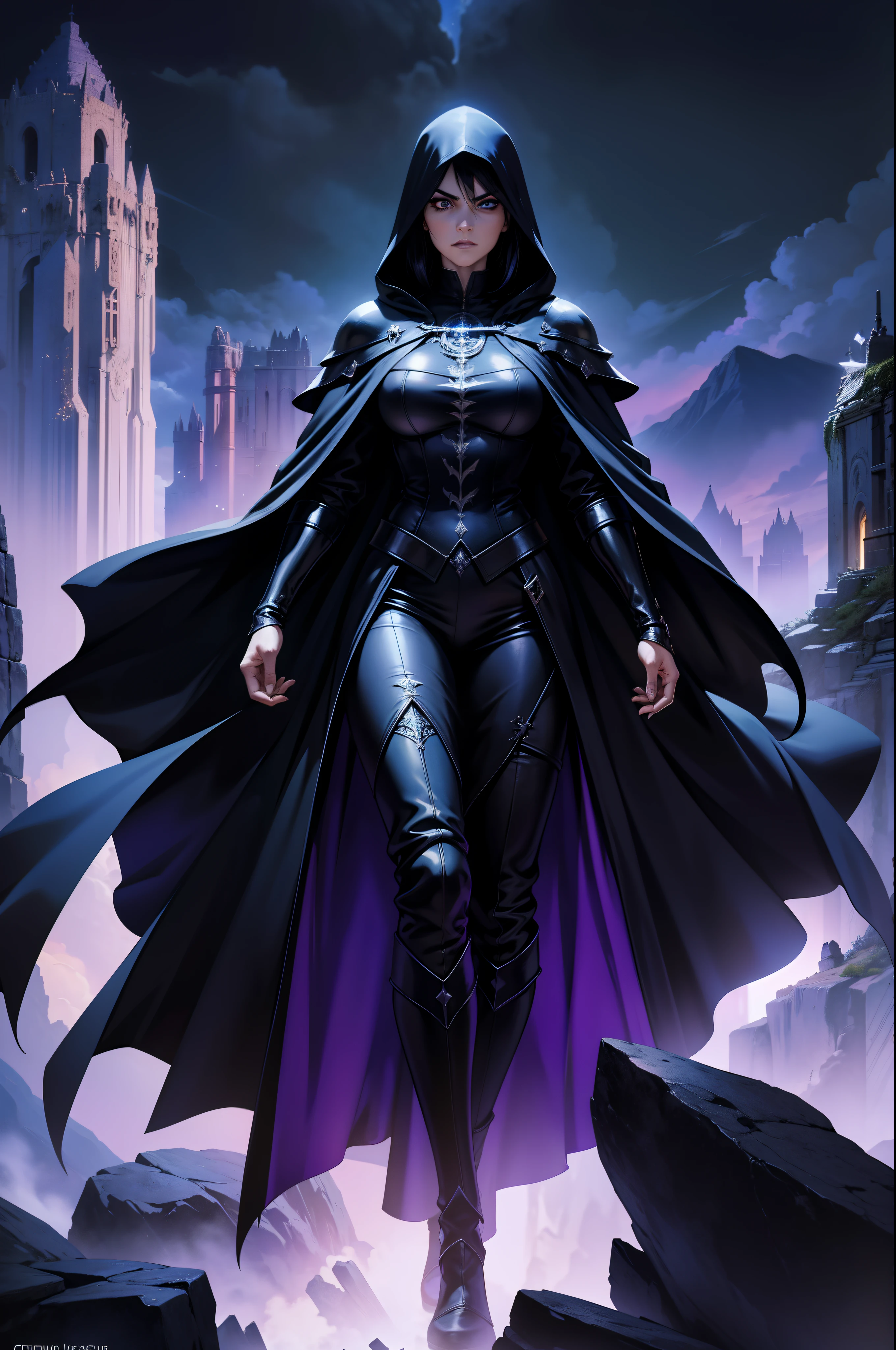 An adult mage character wearing a hooded robe and gothic armor with black details accompanied by an adult mage character wearing a robe, capuz. Tax Posture, face with serious expression, cabelo na cor preta liso preso, hair in black color a remarkable beauty, Magnificent, cor azul dos olhos, Purple sky with magnificent clouds, arms crossed in imposing pose and on top of a tall rock, cabelo curto cidade, portal, Magnificent, 8k,