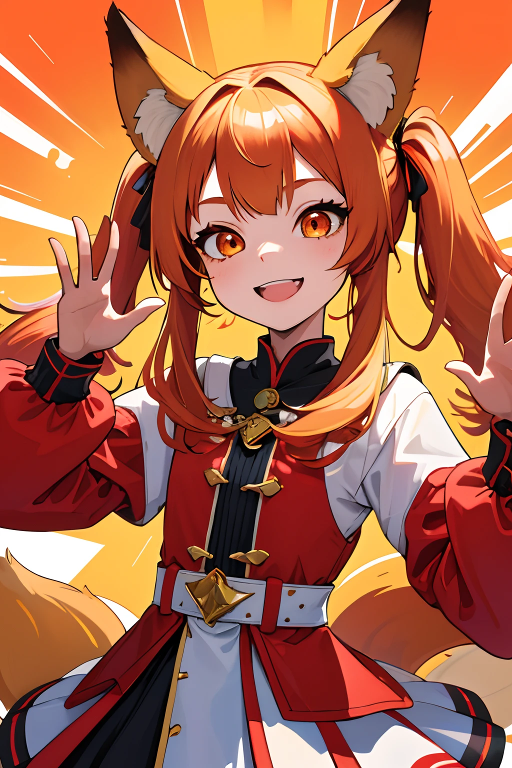 masterpiece, best quality, highres, absurdres, ultradetailed, 1girl, cute, petite, animal ears, fox ears, two-tone hair, red hair, blonde hair, twintails, long hair , happy, big smile, waving