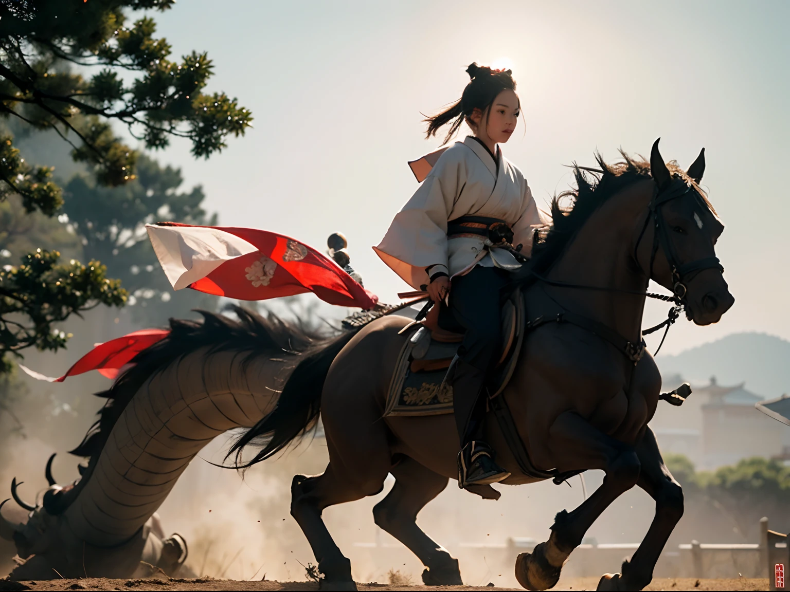 Samurai in full armor，Manteau blanc，Riding a monster，The background is the setting sun，evening light，4K Ultra HD, 超高分辨率, (Photorealistic: 1.4), Best quality，Masterpiece，Utra dilution，（pastel colour：1.2）