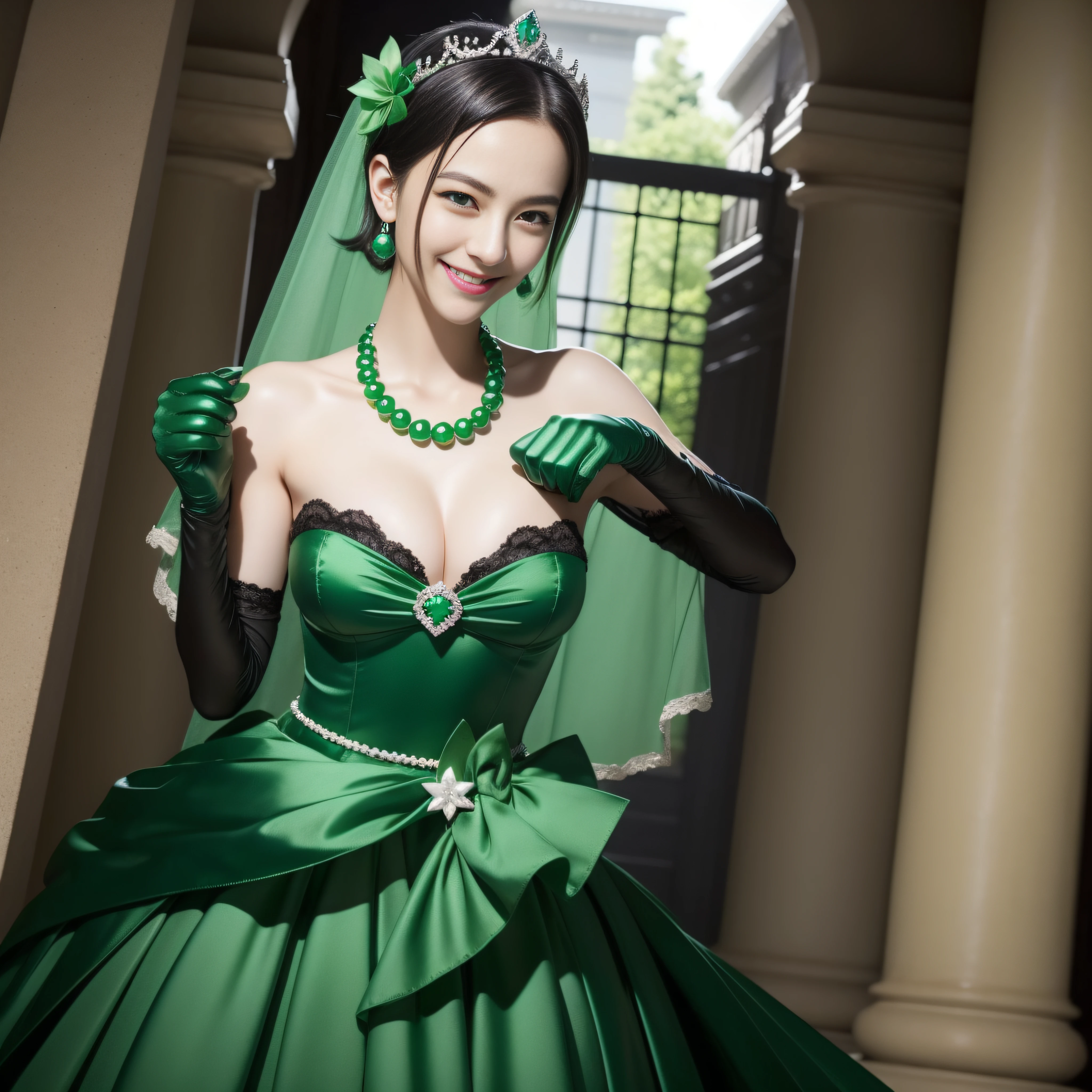 emerald tiara, Green Pearl Necklace, Boyish very short black hair, lipsticks, Japan woman smiling, Long green gloves made of satin material, very short short hair, fist, big breasts beautiful, Green eyes