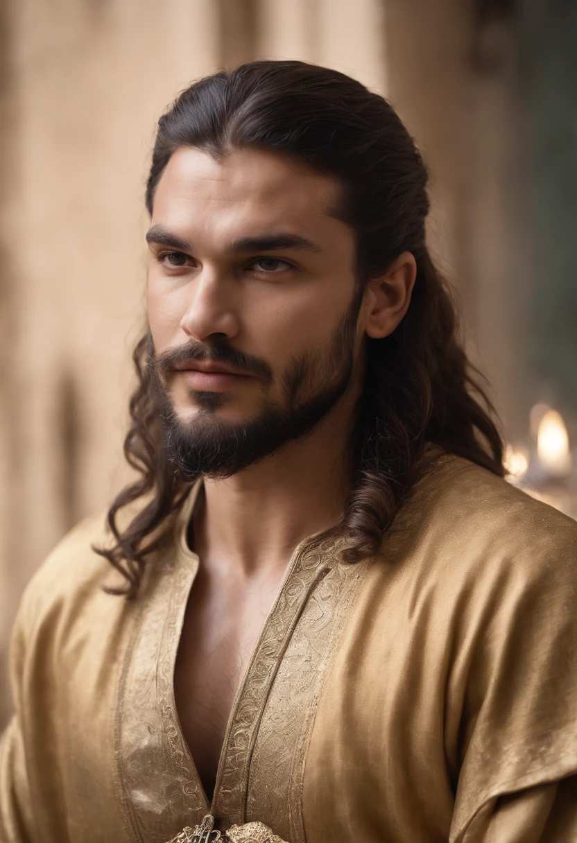 a man with long hair and a beard wearing a golden shirt, kramskoi 4 mil, handsome prince of persia, inspired by Osman Hamdi Bey, Jason Momoa as Assyrian, inspired by Frederick Lord Leighton, Thorns, as a medieval fantasy character, inspired by Altoon Sultan, Jesus Alonso Iglesias, Jesus, Prince of Egypt, Portrait taken 8K
