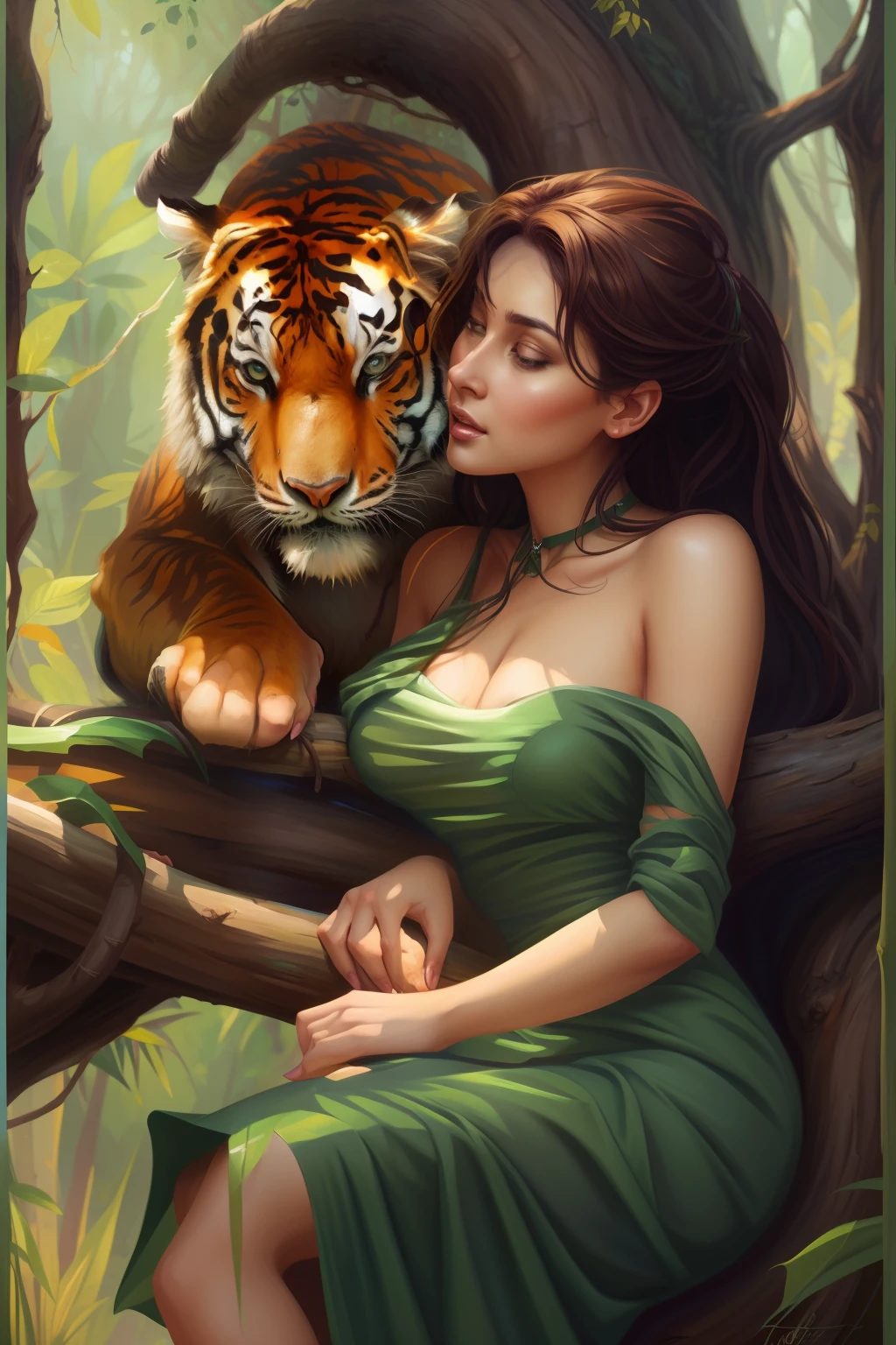 Picture of a beautiful woman in a green dress, sitting on a tree branch with a tiger, realistic fantasy illustration, fantasy art style, Anton Fadeev, loish and wlop, fantasy art behance, digital fantasy illustration, stunning digital illustration, detailed painting 4 k, fantasy art portrait, exquisite digital illustration, beautiful digital illustration, realistic fantasy painting, beautiful digital artwork
